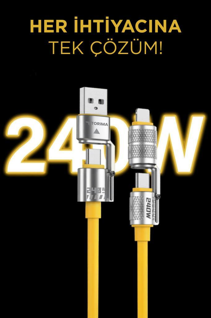 Siyah arka plan üzerinde beyaz 240W yazılı, metal başlıklı iki sarı şarj kablosu.