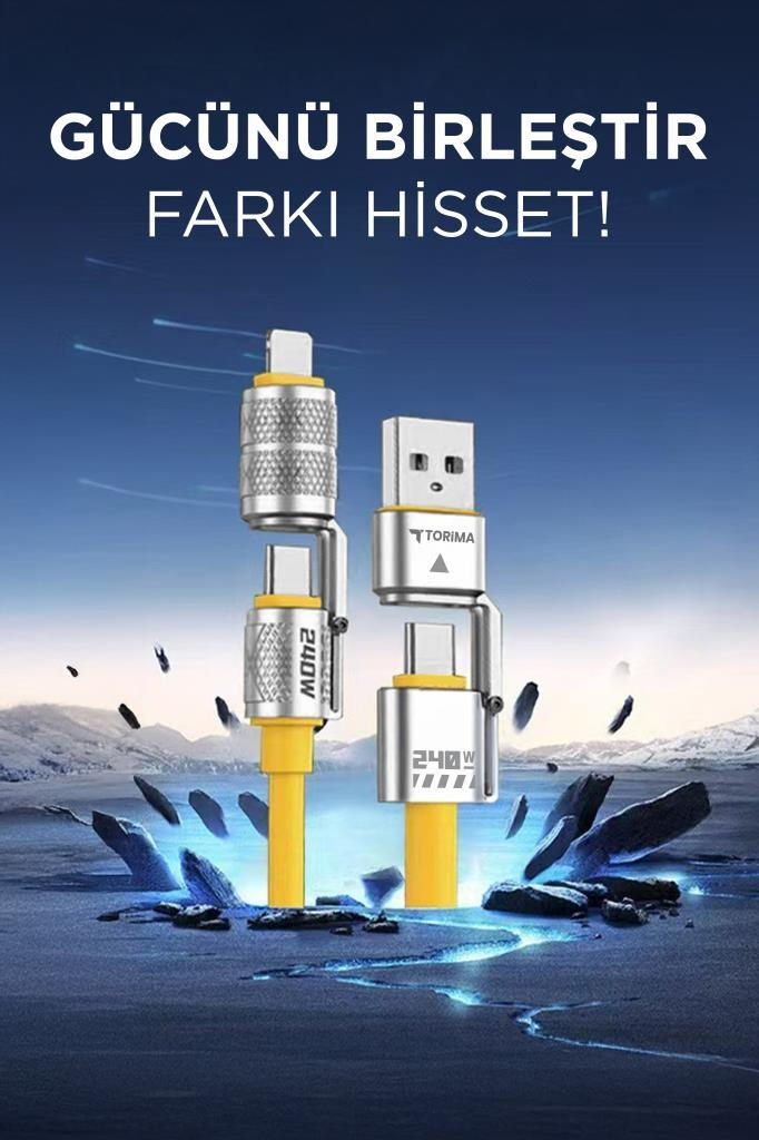 Metal adaptörlü iki sarı şarj kablosu mavi gökyüzü altında kayalık bir zemin üzerinde duruyor.