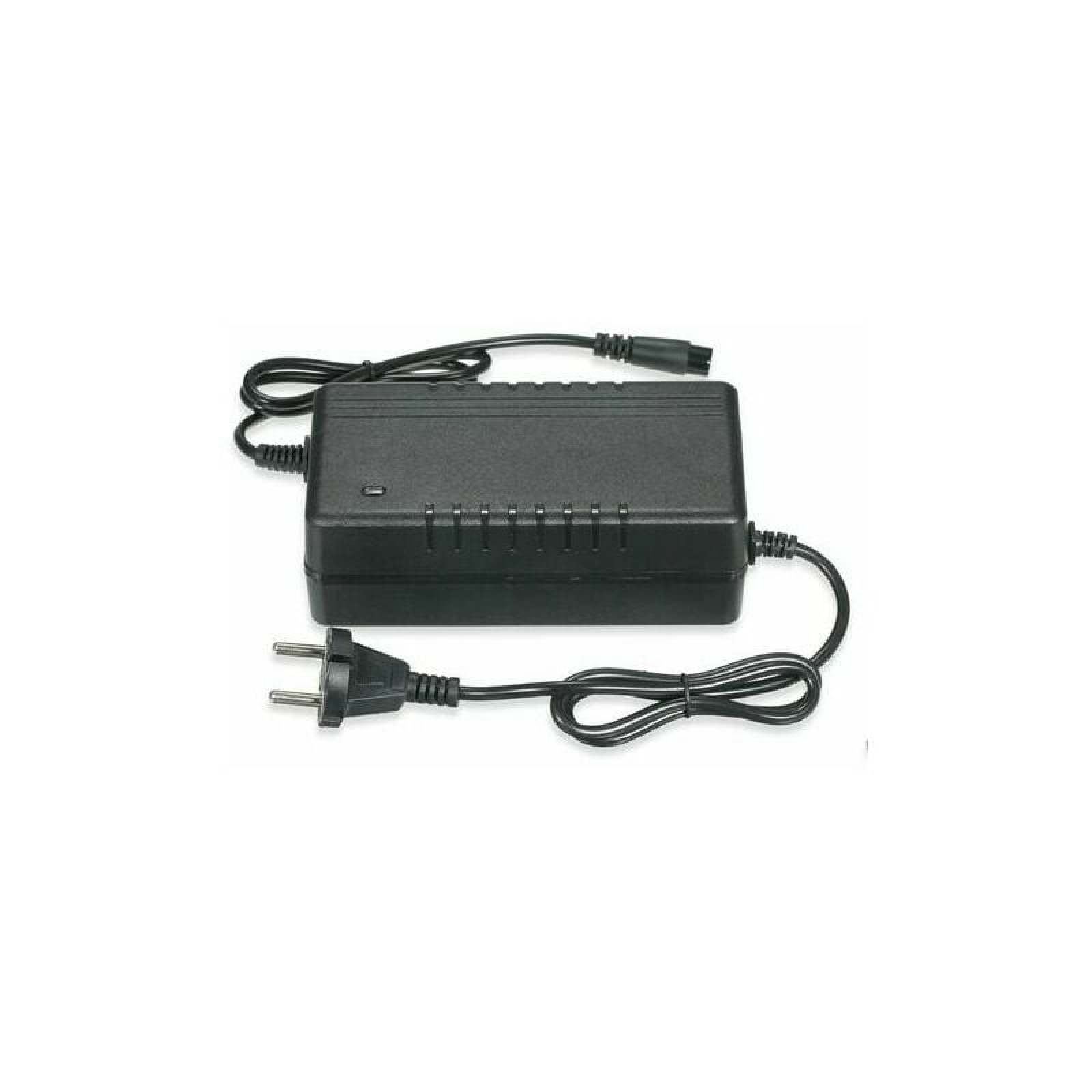Ein schwarzes Netzteil mit angeschlossenen Kabeln und einem Euro-Stecker auf weißem Hintergrund.