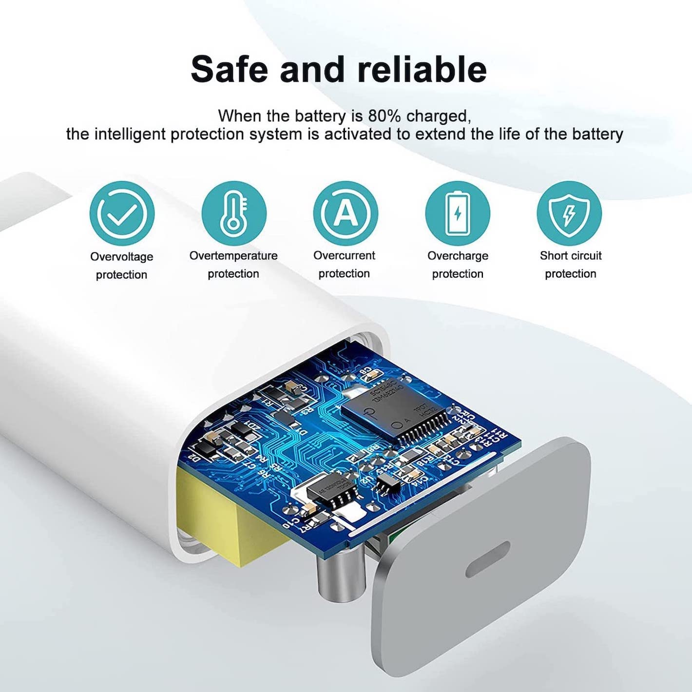 Eine Infografik mit Batteriesicherheitsfunktionen und einem Ladegerät, das seine blaue Platine zeigt.