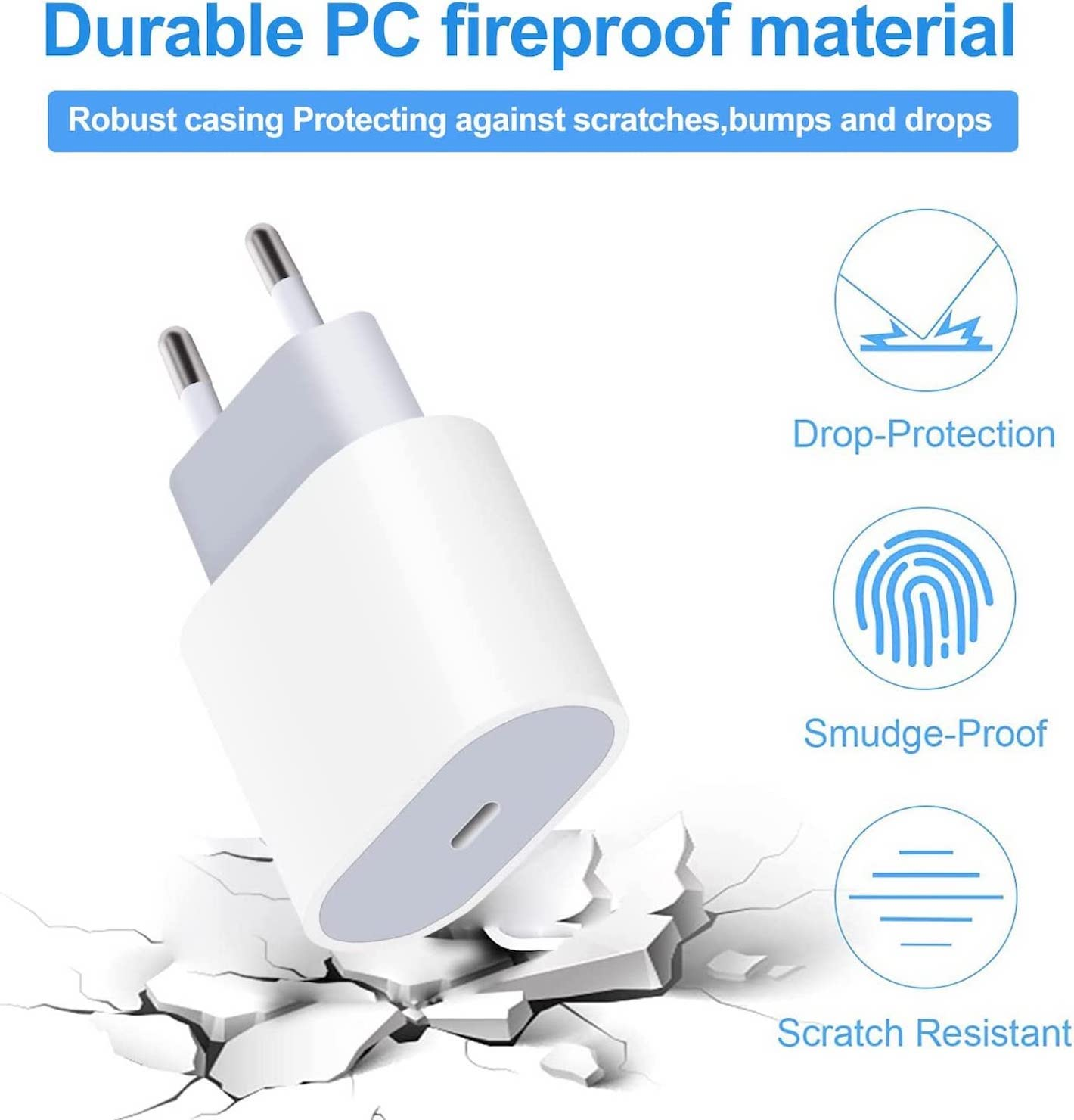 Weißes USB-C-Ladegerät mit Brandschutz, Sturzschutz und schmutzabweisender Oberfläche auf zerrissenem weißem Hintergrund.