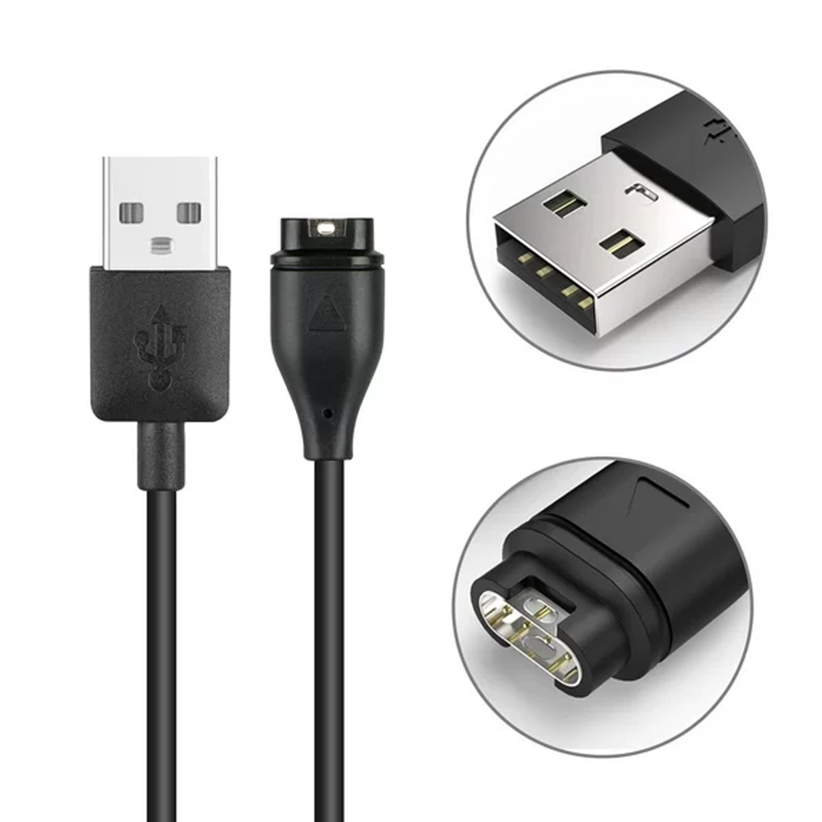 Ein USB-A-Stecker und ein proprietärer Magnetstecker mit zwei Nahaufnahmen.