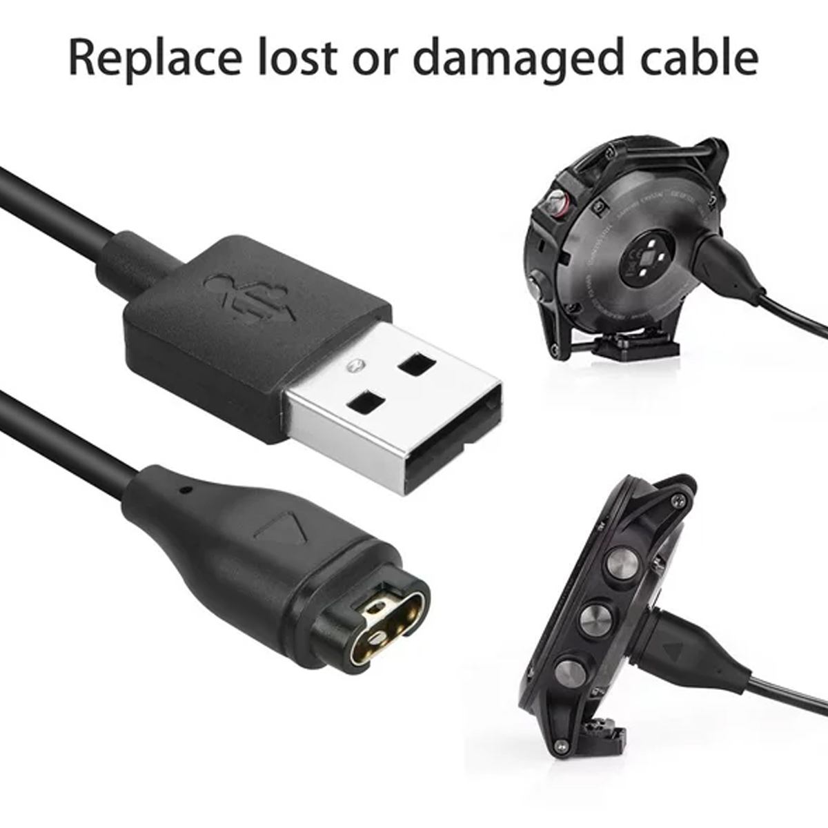 Ein schwarzes Ladekabel mit USB-Anschluss und Magnetschnalle für eine Sportuhr.