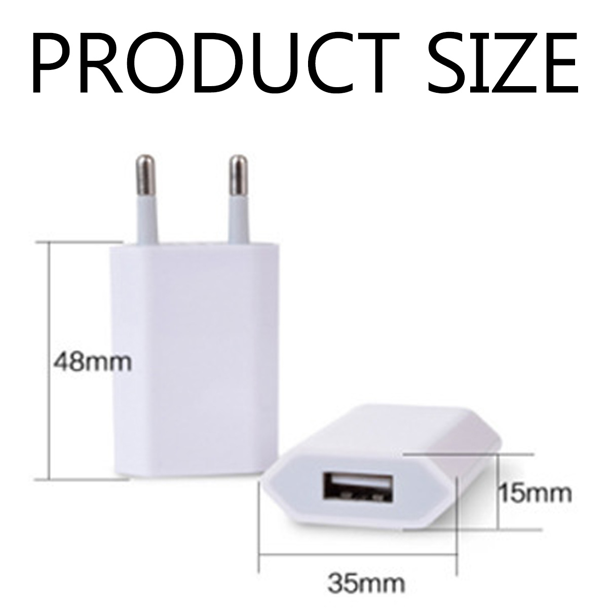 Produktgröße des weißen USB-Netzteils: 48mm Höhe, 35mm Breite, 15mm Tiefe.