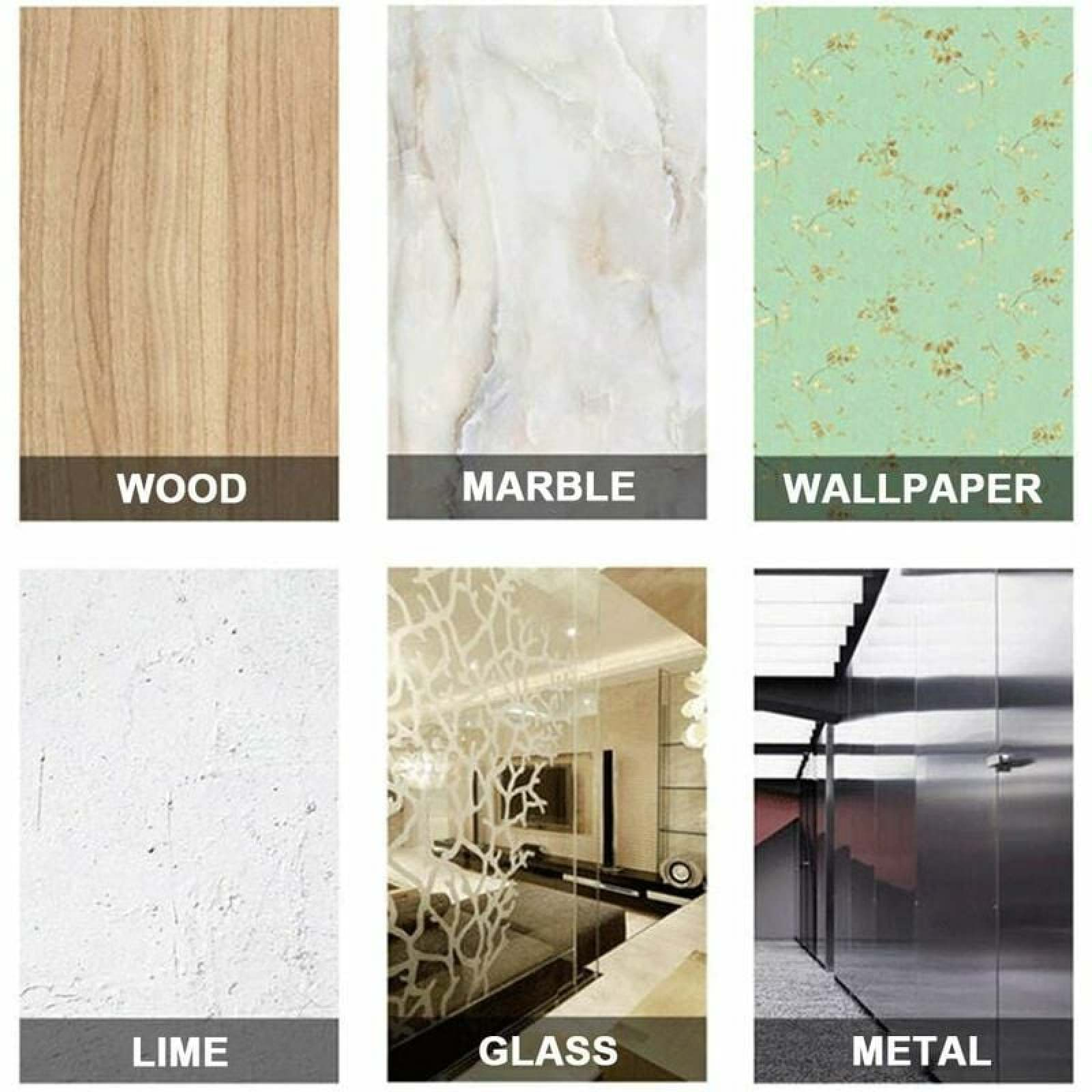 Sechs Bilder zeigen verschiedene Texturen: Holz, Marmor, Tapete, Kalk, Glas und Metall.