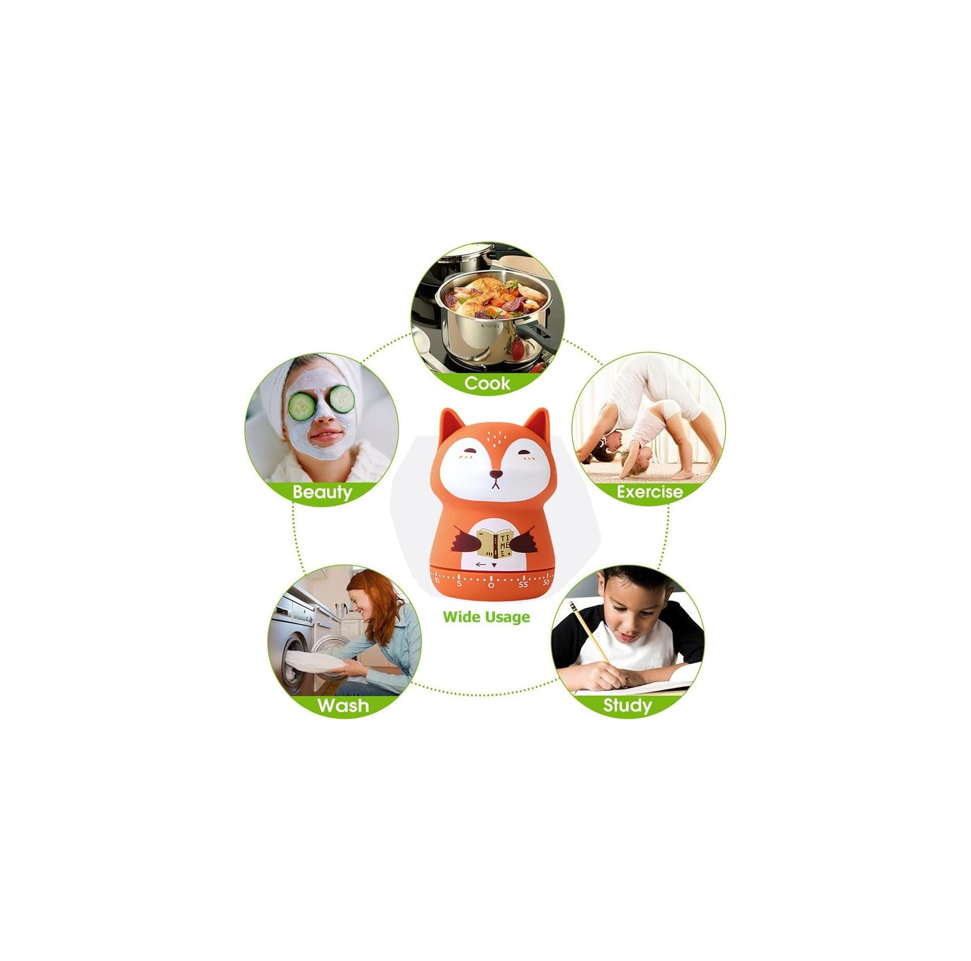 Fuchs-Timer in der Mitte, umgeben von kreisförmigen Bildern für Kochen, Sport, Lernen, Waschen und Schönheit.