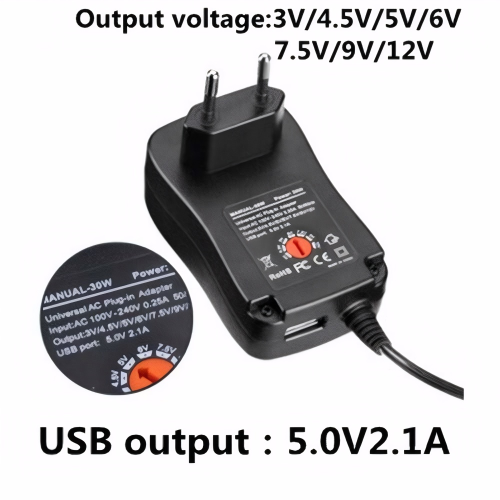 Schwarzes Universal-Netzteil mit verstellbarer Spannung und USB-Anschluss.