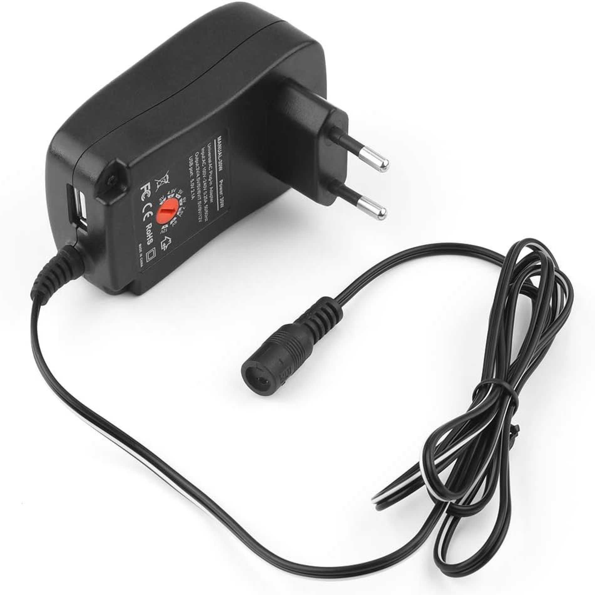 Schwarzes Universal-Netzteil mit Eurostecker, Spannungswahlschalter, USB-Anschluss und angeschlossenem Kabel auf weißem Hintergrund.