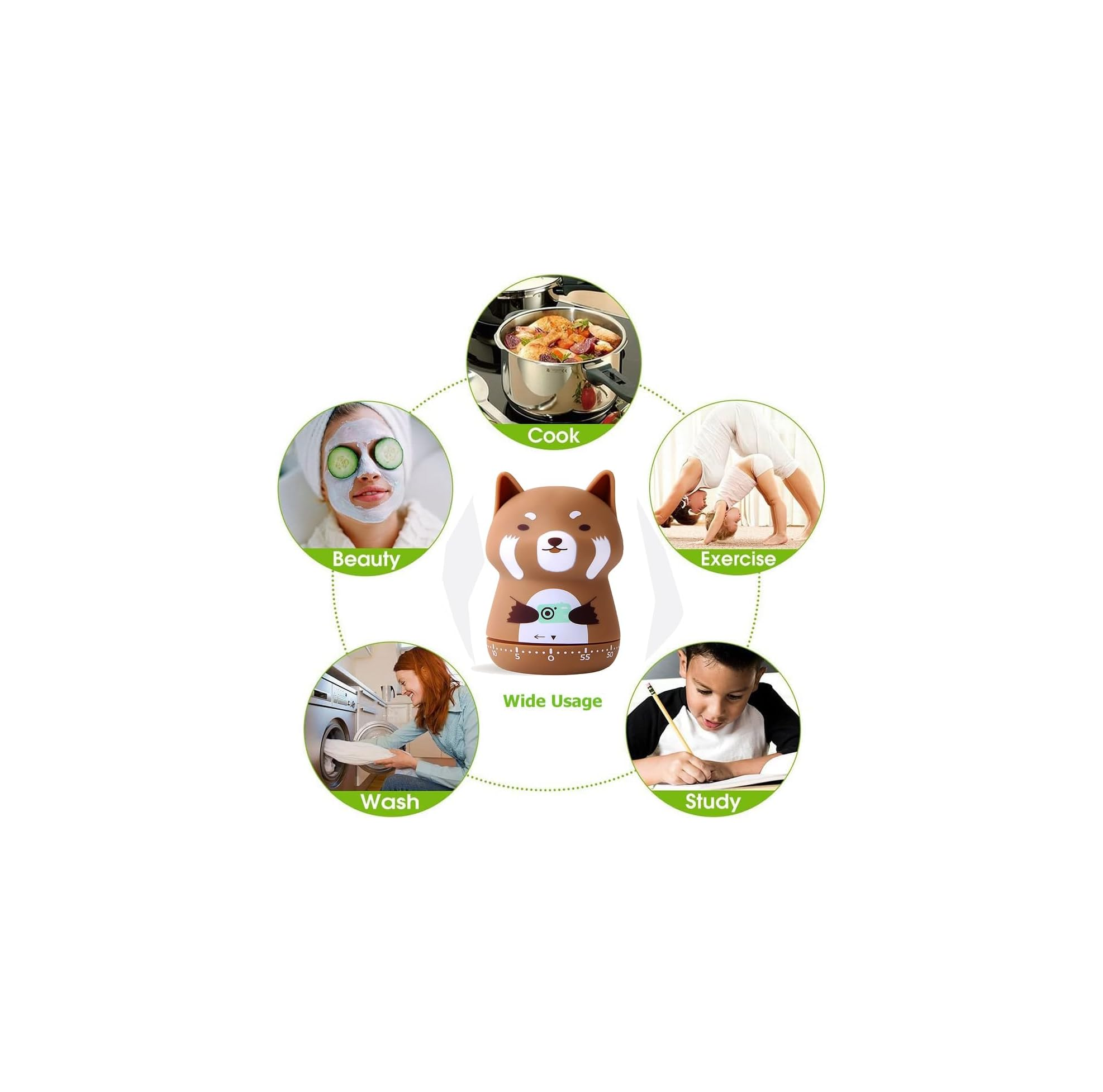 Ein brauner, tierförmiger Timer, umgeben von fünf kreisförmigen Bildern zu Kochen, Sport, Lernen, Waschen und Schönheit.