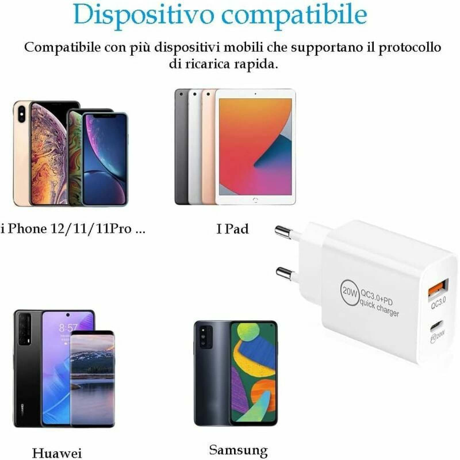 Weißes 20W USB-Ladegerät kompatibel mit iPhones, iPads, Huawei und Samsung Geräten mit Text darüber.
