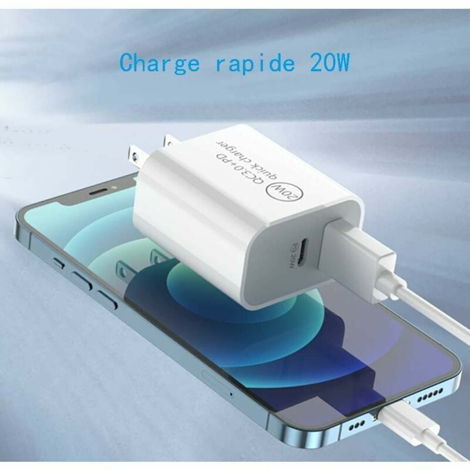 Ein weißes 20W Schnellladegerät mit Kabel ist an ein Smartphone angeschlossen, vor einem blauen Hintergrund.