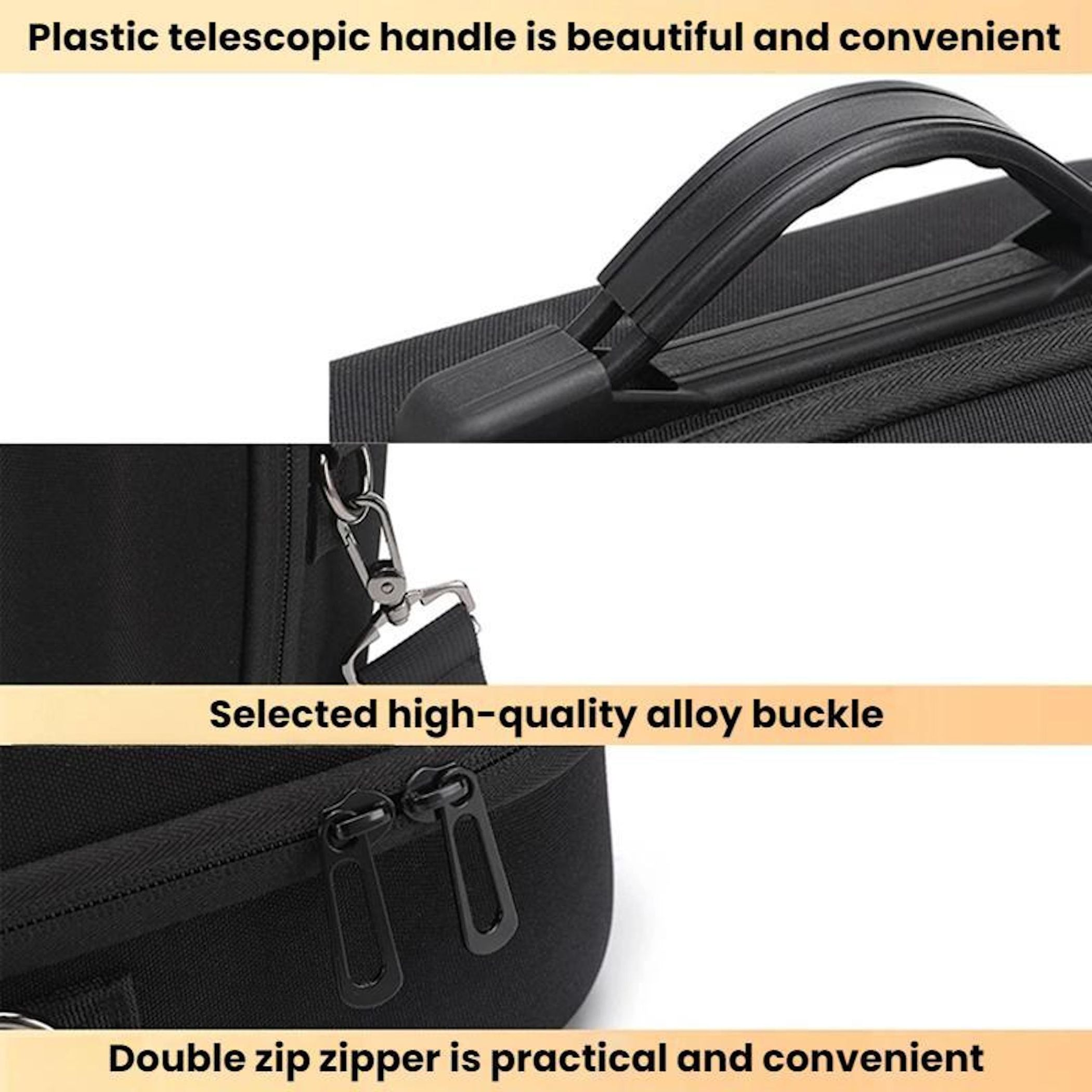 Drei Produktdetails einer schwarzen Tasche: ein Plastikgriff, eine Metallschnalle und doppelte Reißverschlüsse.