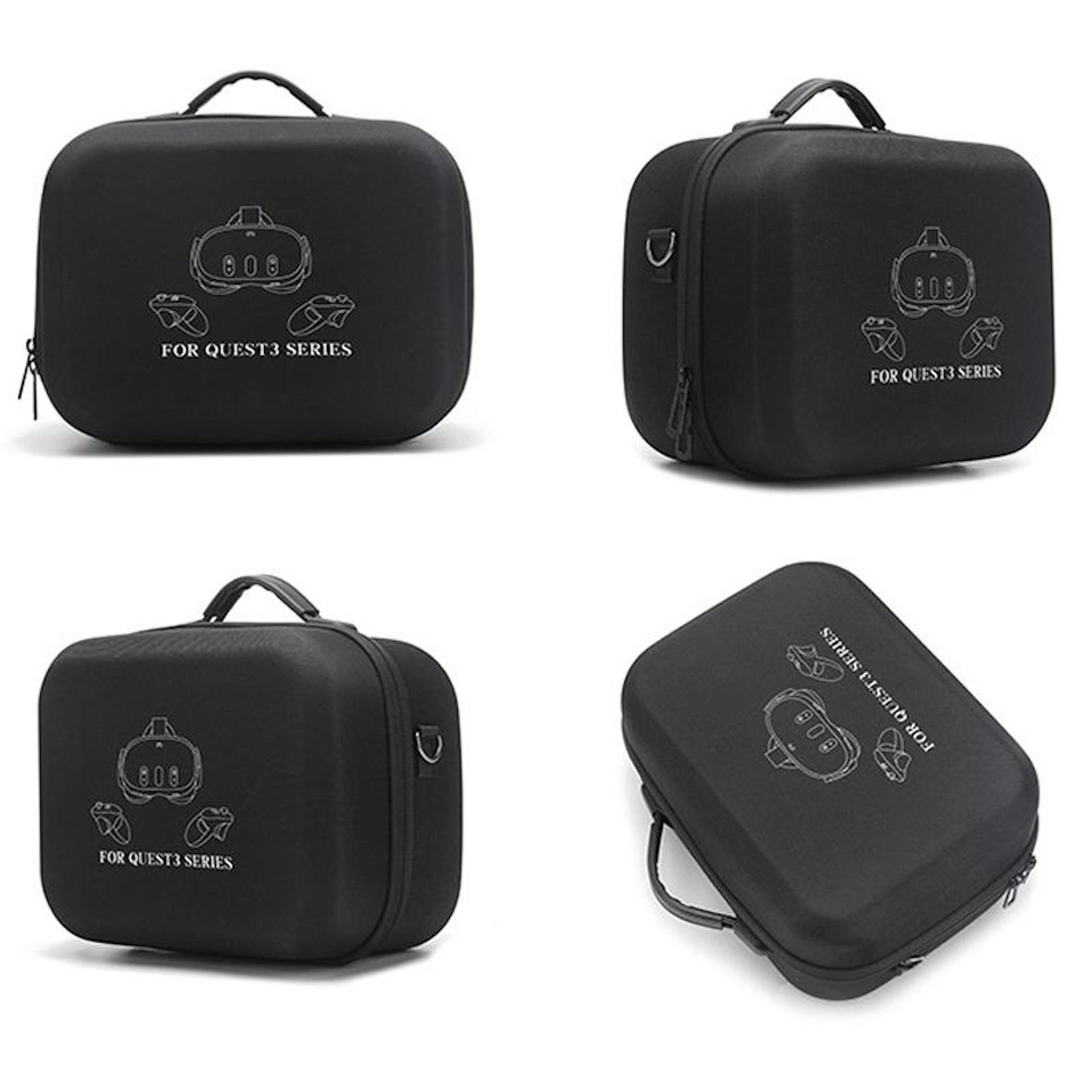 Vier Ansichten einer schwarzen Tragetasche für VR-Headsets mit weißem Aufdruck "FOR QUEST3 SERIES" auf weißem Hintergrund.