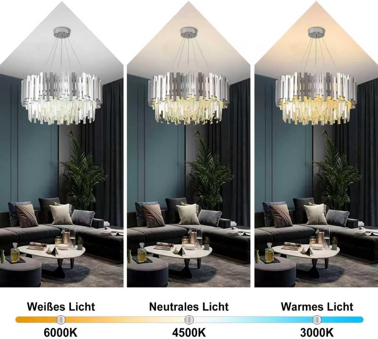 Drei gleiche Bilder eines modernen Kronleuchters über einem Sofa, mit unterschiedlichen Farbtemperaturen von 6000K bis 3000K.