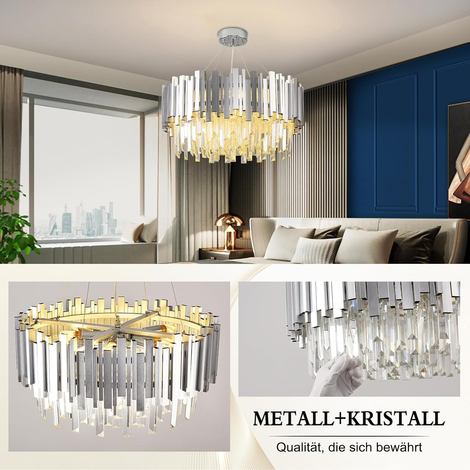 Moderne Deckenleuchte aus Metall und Kristall in einem eleganten Schlafzimmer.