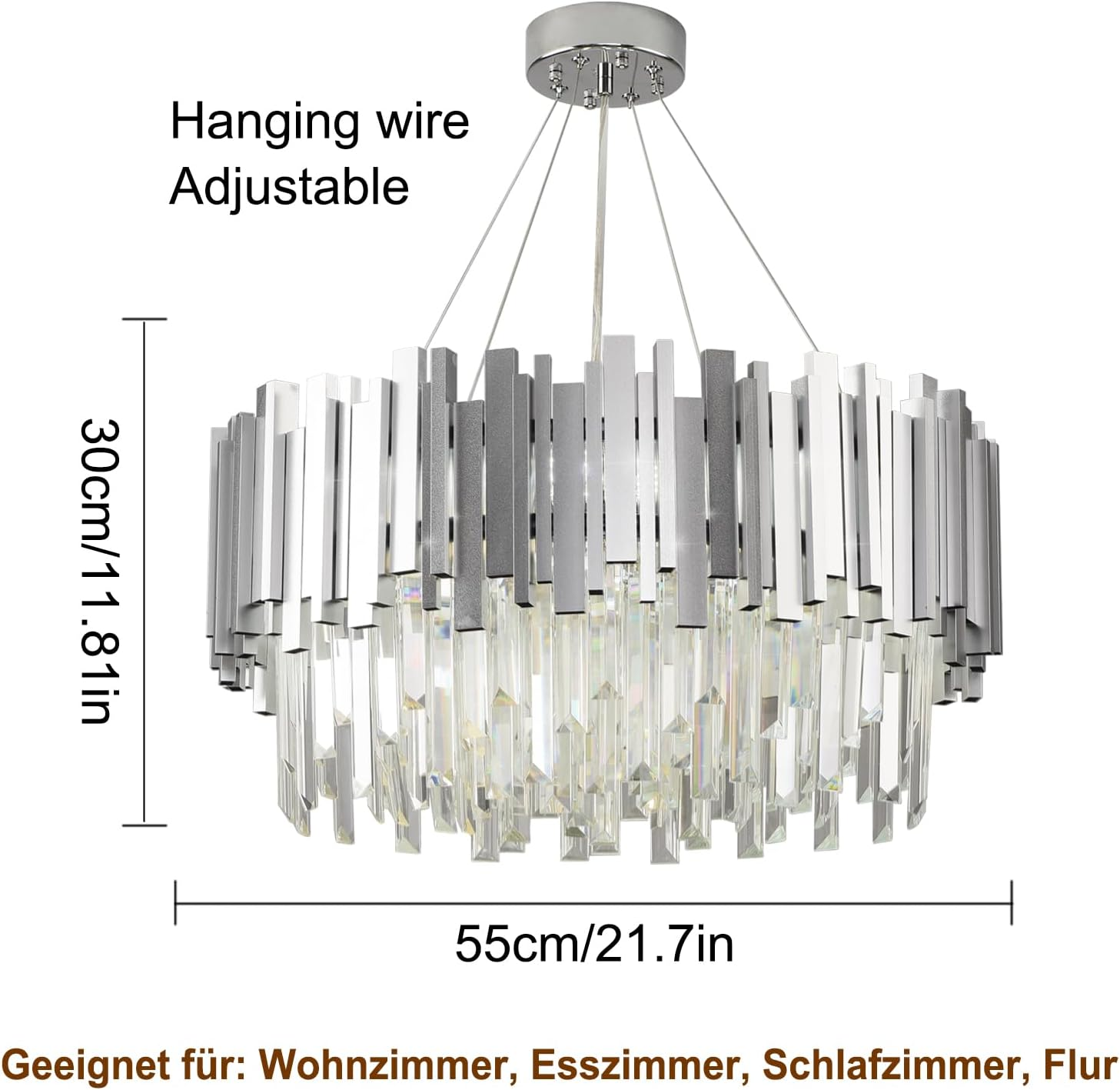 Moderner Silber- und Kristall-Kronleuchter, 30 cm hoch und 55 cm breit, mit verstellbaren Hängedrähten.