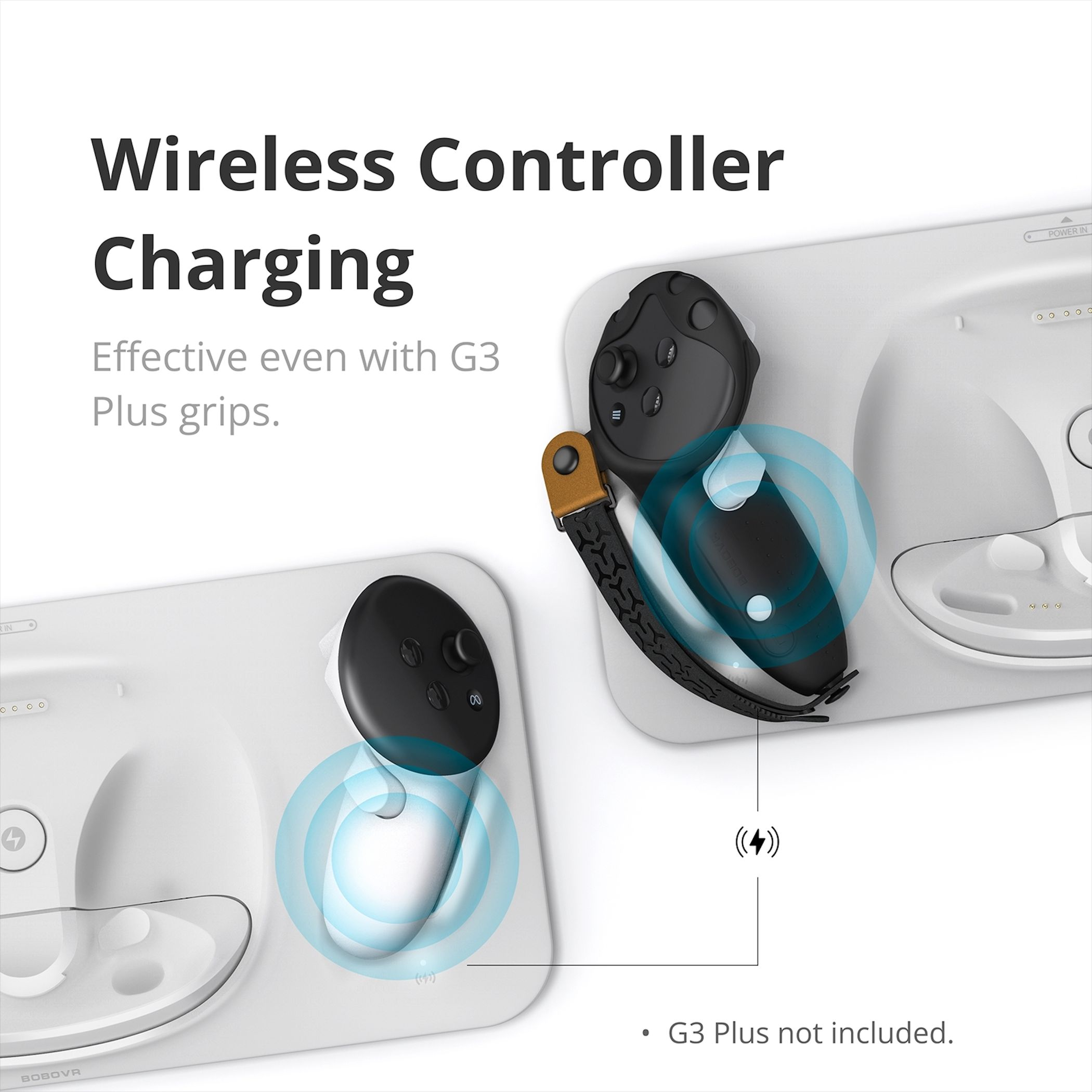 Drahtlose Controller-Ladestation mit zwei VR-Controllern und Textoverlay über kabelloses Laden.