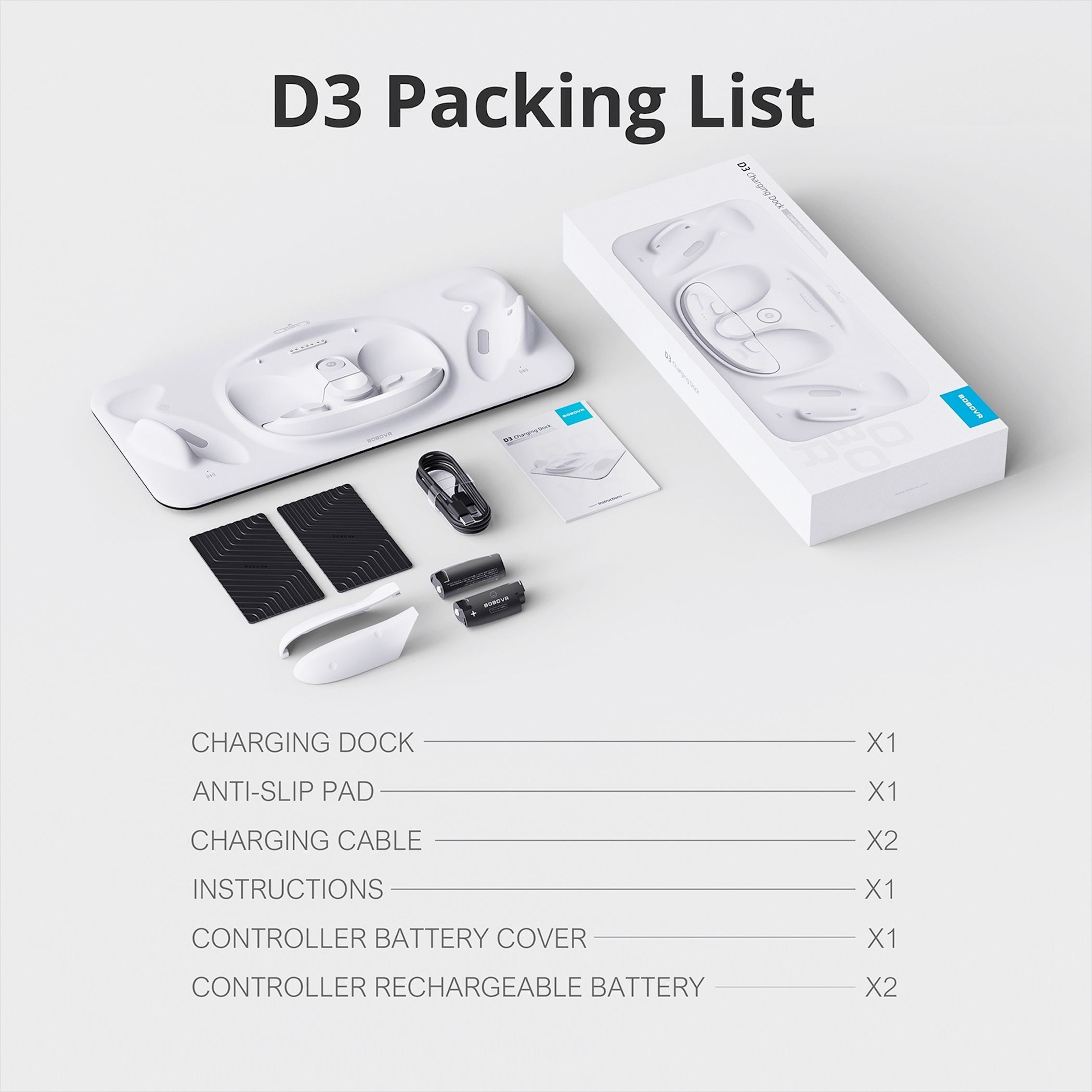 D3-Ladestation Packliste mit Dock, Antirutschmatten, Kabel, Anleitung, Batterieabdeckungen und Akkus.
