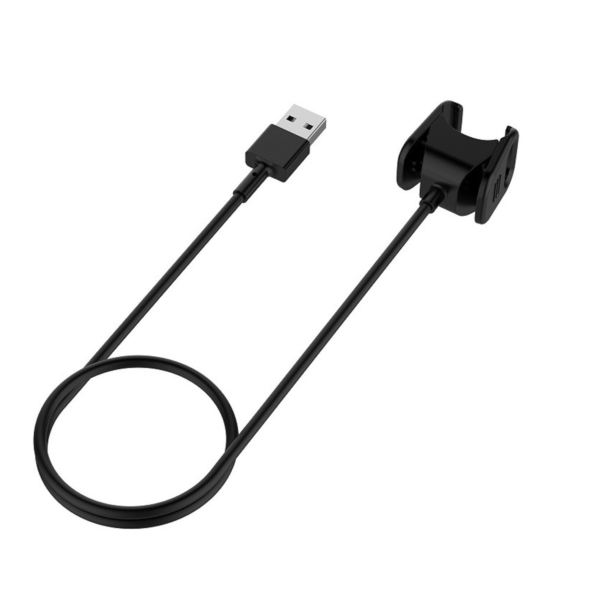 Schwarzes Ladekabel mit USB-A-Anschluss und Clip-Halterung auf weißem Hintergrund.