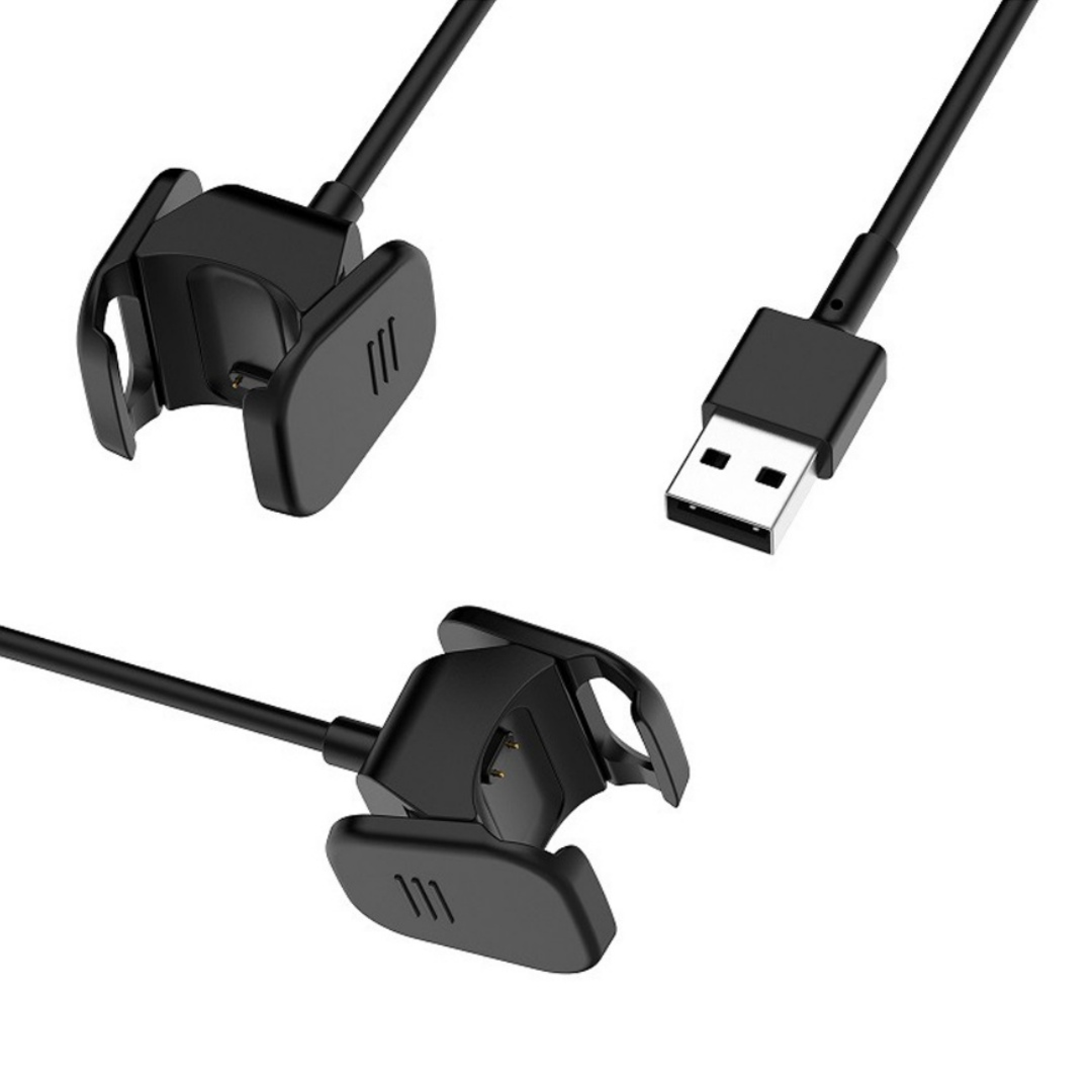 Ein schwarzes Smartwatch-Ladekabel mit USB-Anschluss und zwei Aufsteck-Ladedocks auf weißem Hintergrund.