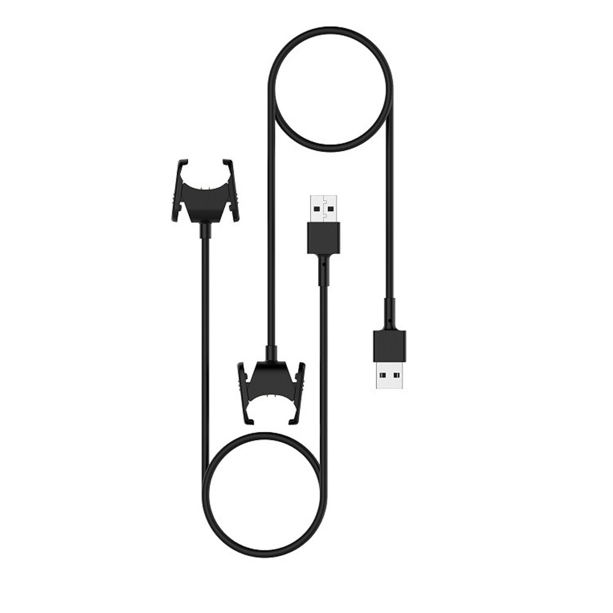 Ein schwarzes USB-Ladekabel mit zwei Ladeschalen auf weißem Hintergrund.