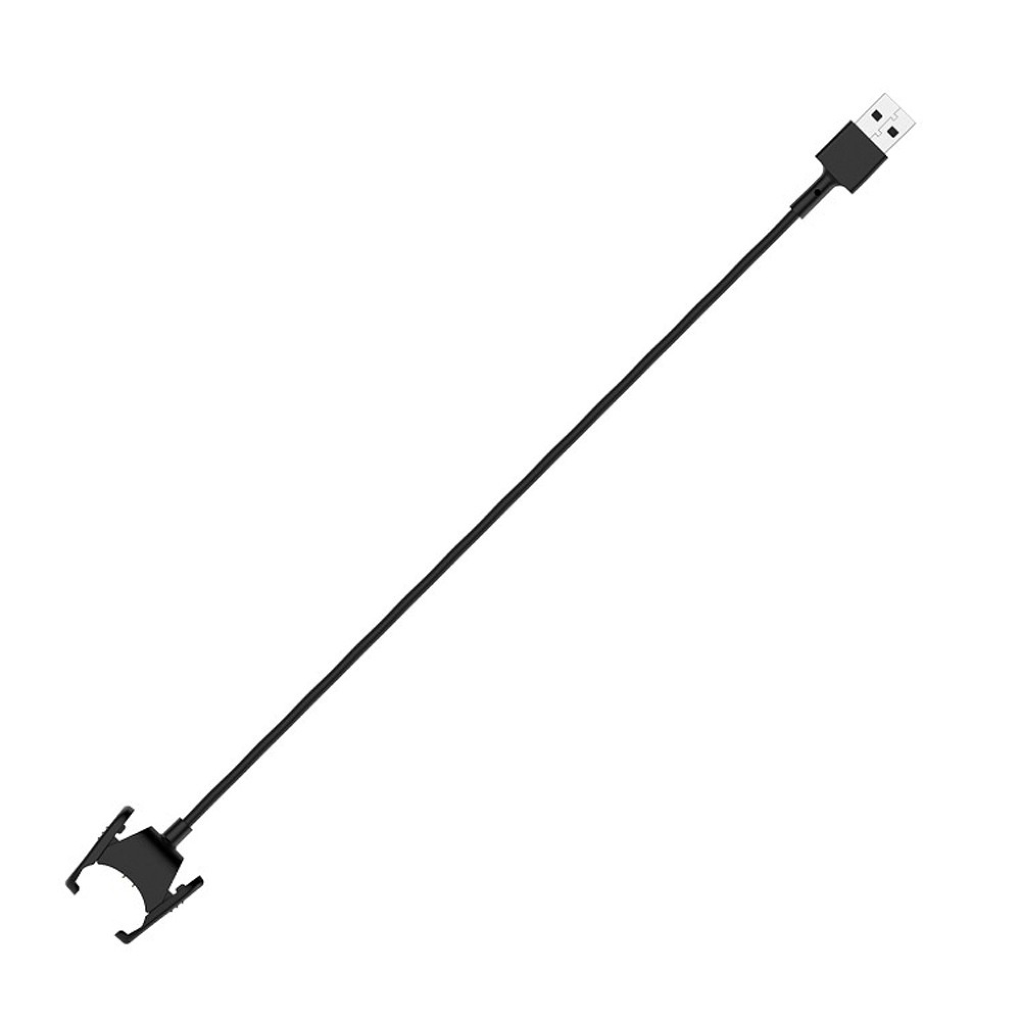 Ein schwarzes Ladekabel mit einem USB-Anschluss und einer Halterung auf einem weißen Hintergrund.