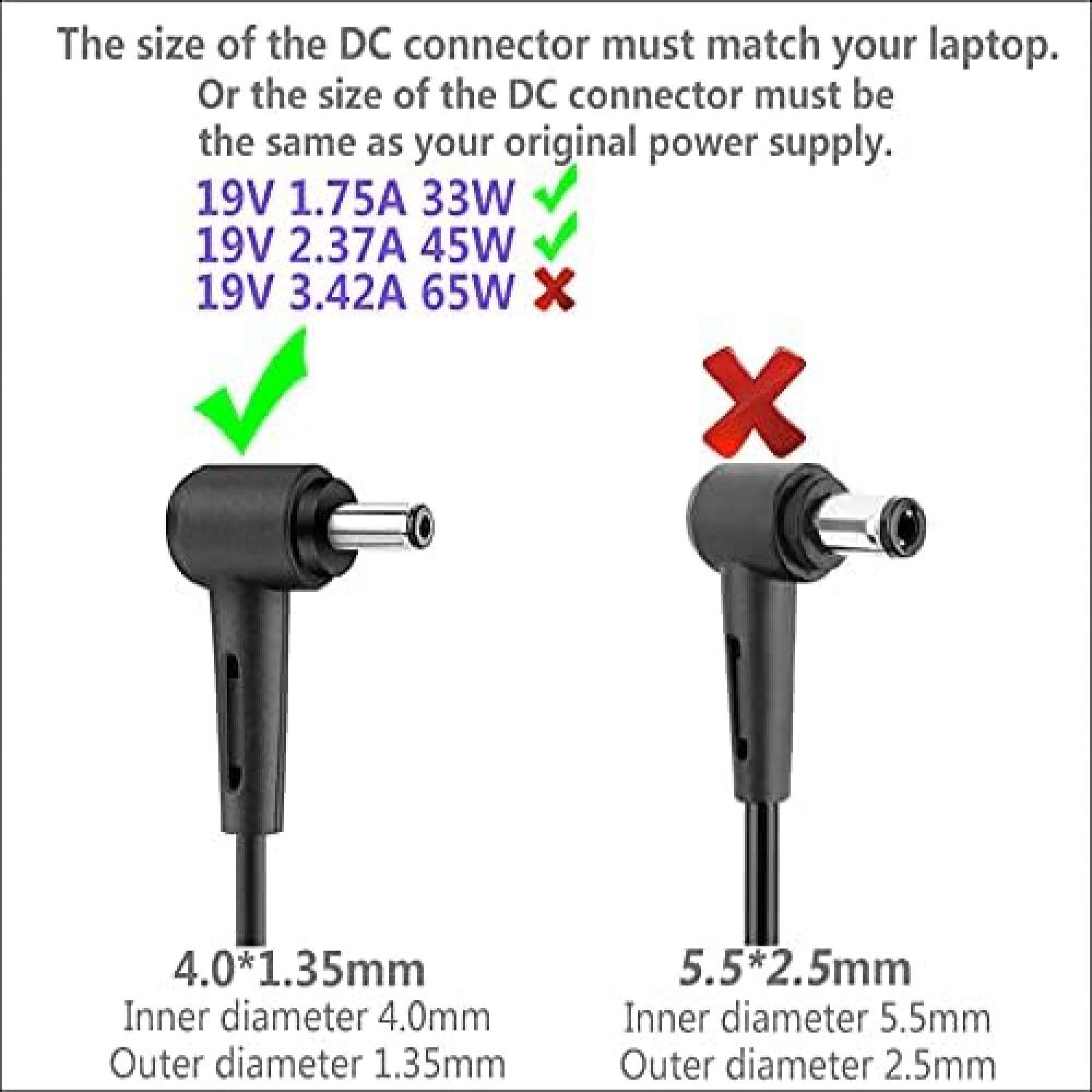 Vergleich zweier DC-Stecker mit Maßen 4.0x1.35mm und 5.5x2.5mm zur Laptop-Kompatibilität.