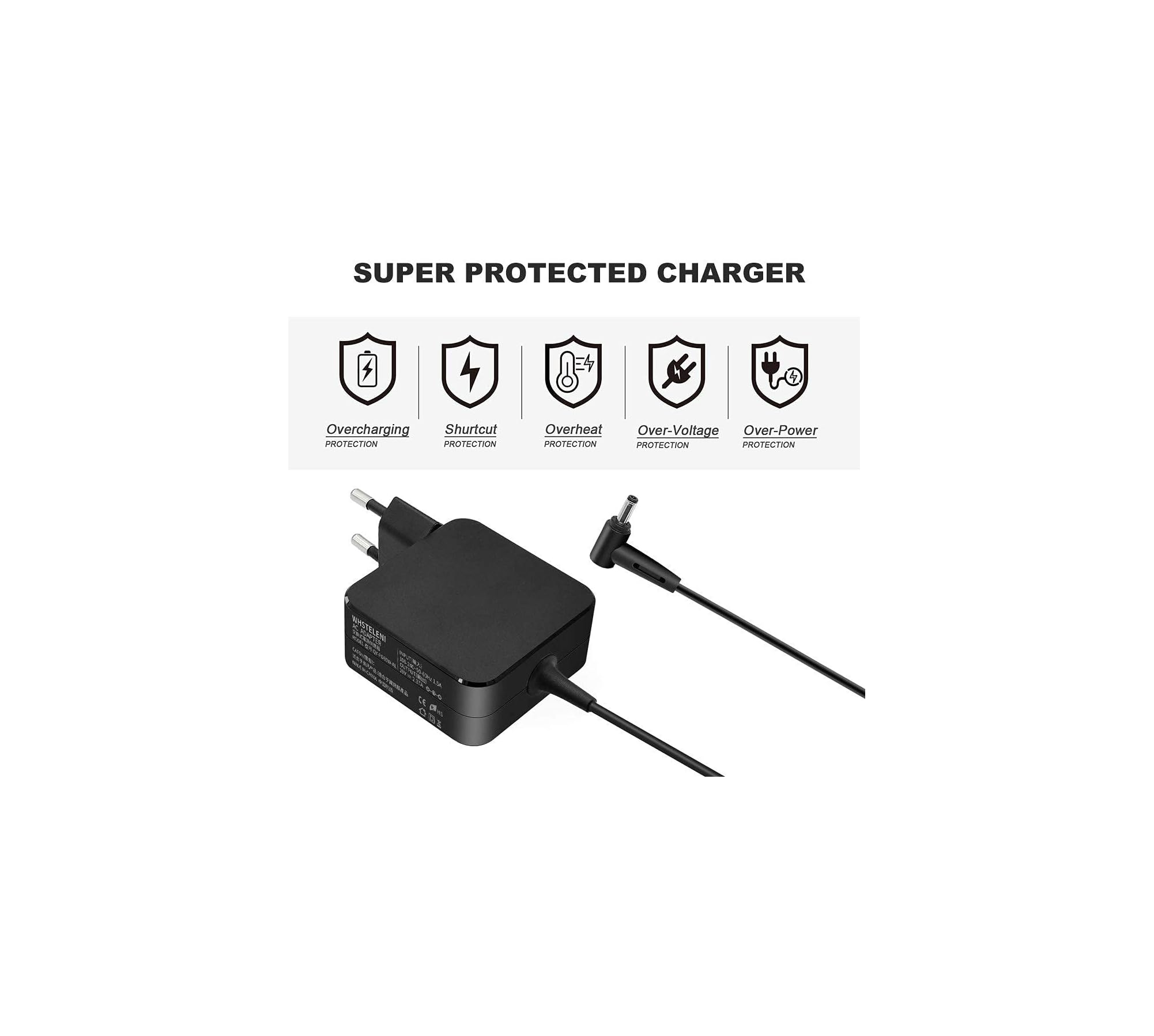 Ein schwarzes Netzteil mit Kabel und fünf Schutzsymbolen oben.