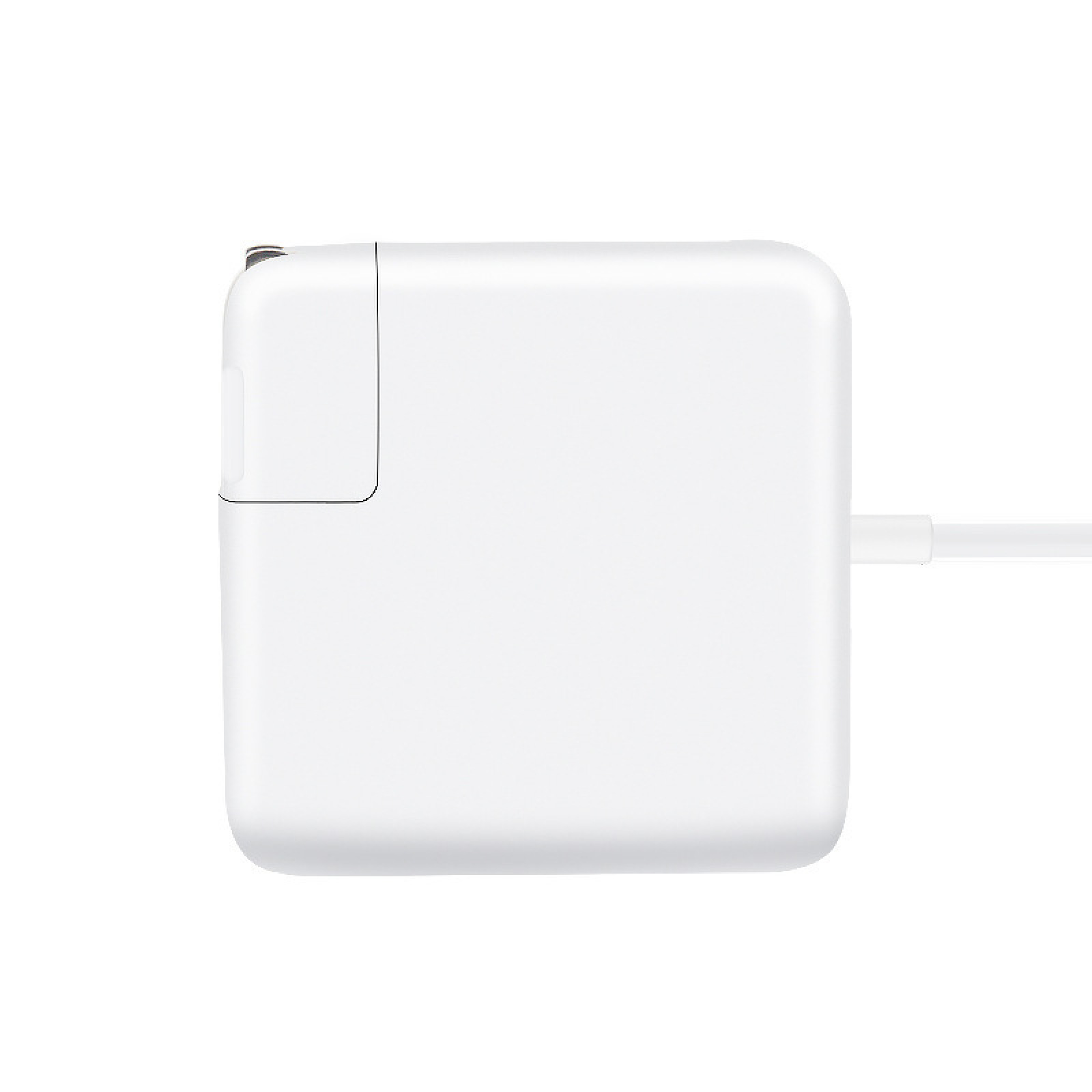 Ein weißes quadratisches USB-C-Netzteil mit angeschlossenem weißen Kabel vor weißem Hintergrund.
