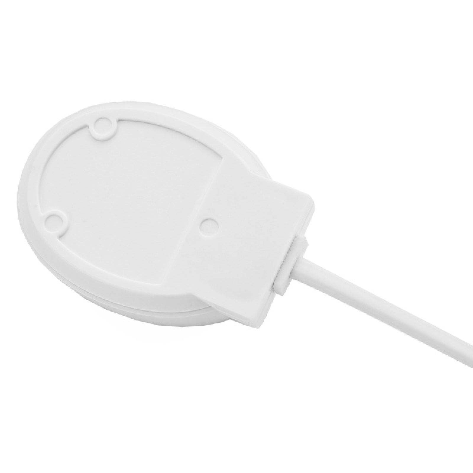 Ein weißes elektronisches Gerät mit ovaler Basis und angeschlossenem Kabel auf weißem Hintergrund.