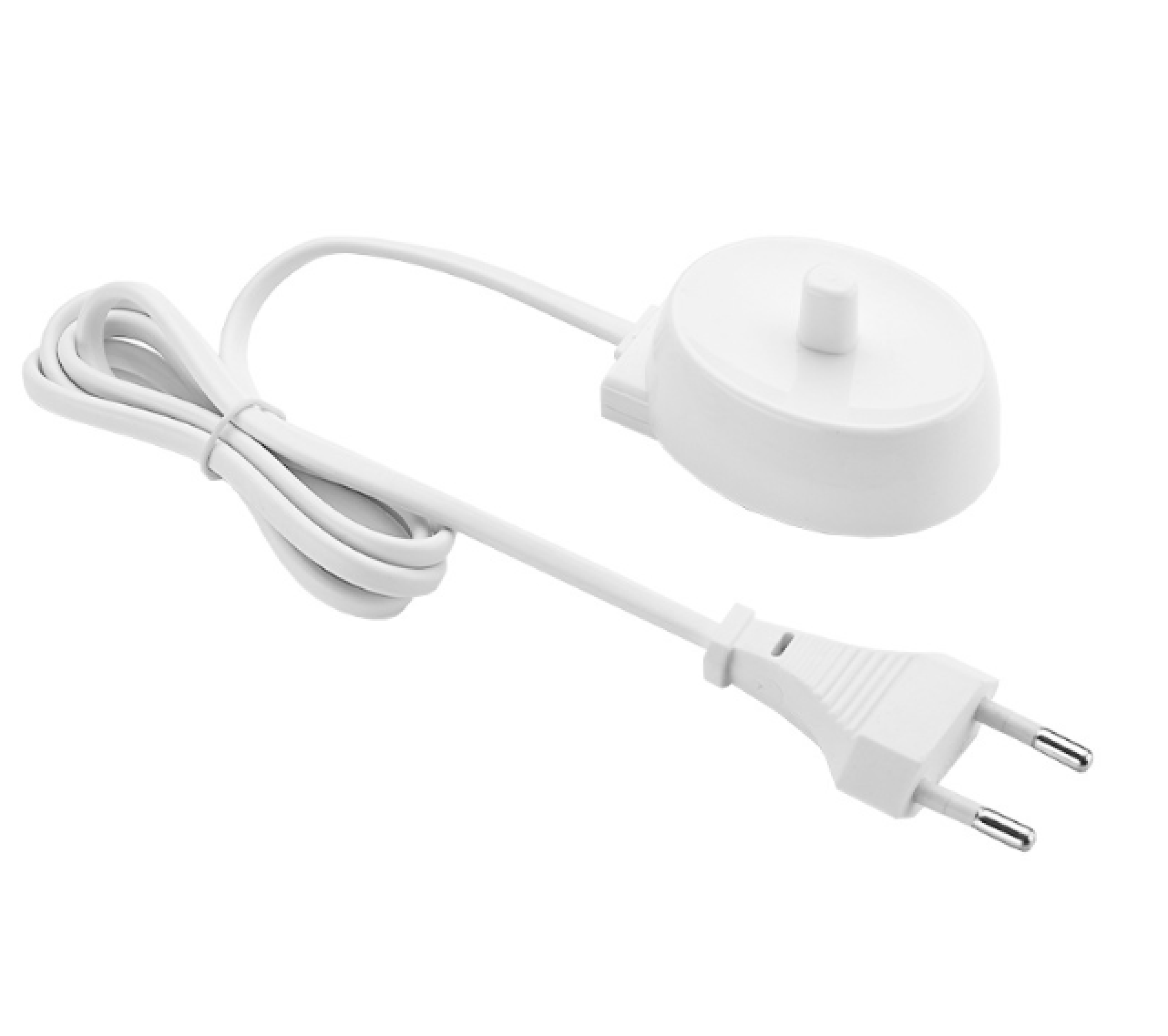 Eine weiße Zahnbürsten-Ladestation mit einem Netzkabel und einem europäischen Stecker auf weißem Hintergrund.