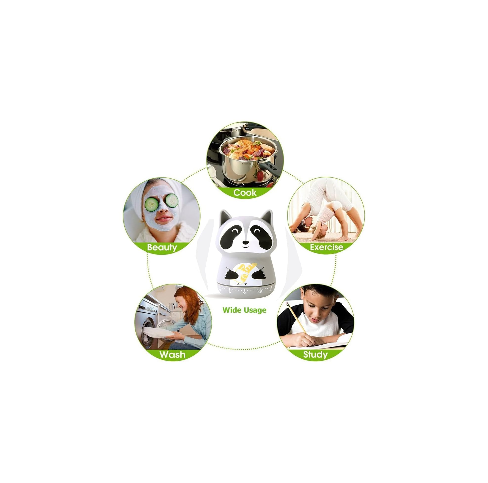 Ein Panda-Timer in der Mitte ist von fünf kreisenden Bildern umgeben, die Kochen, Sport, Lernen, Waschen und Schönheit zeigen.