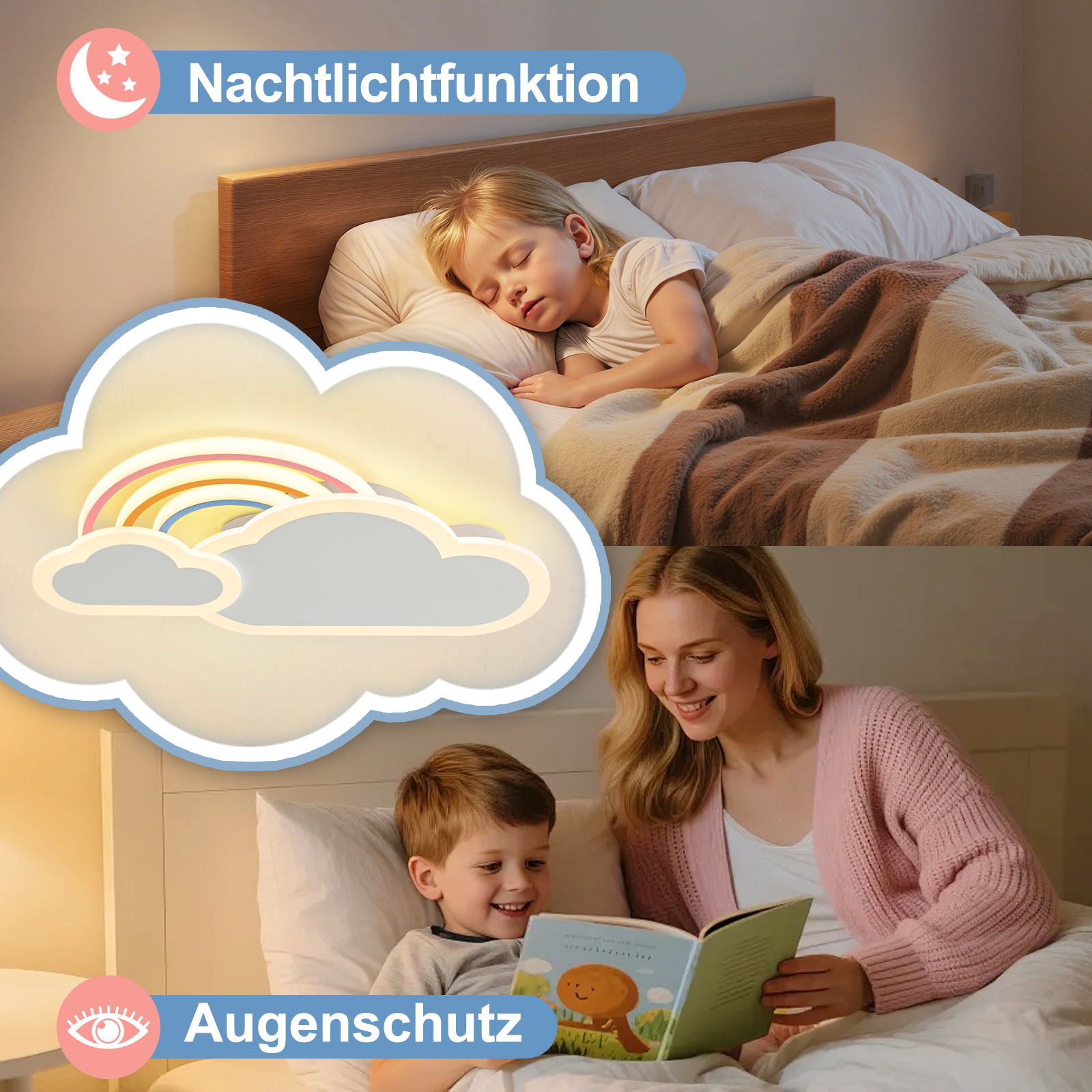 Ein Kind schläft nachts und eine Mutter liest tagsüber einem Kind im Bett vor, mit einer Wolkenlampe dazwischen.