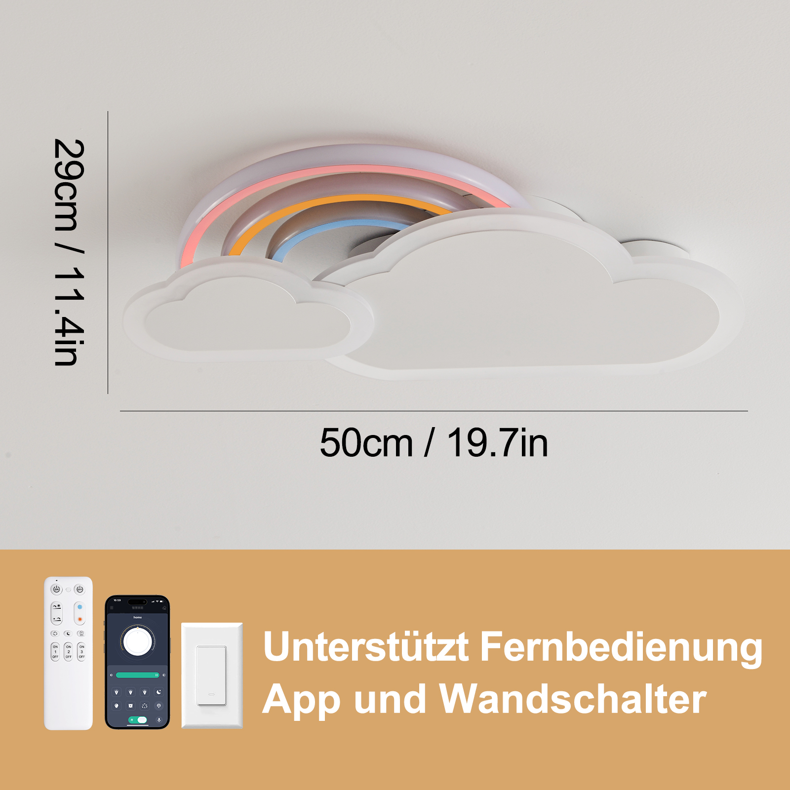 Wandlampe in Form einer Wolke mit Regenbogen, Maße 50x29 cm, steuerbar per App, Fernbedienung und Schalter.