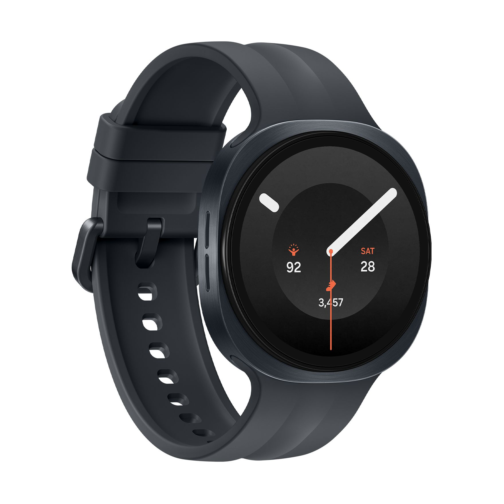 Eine schwarze Smartwatch mit rundem Zifferblatt und Silikonarmband auf weißem Hintergrund.