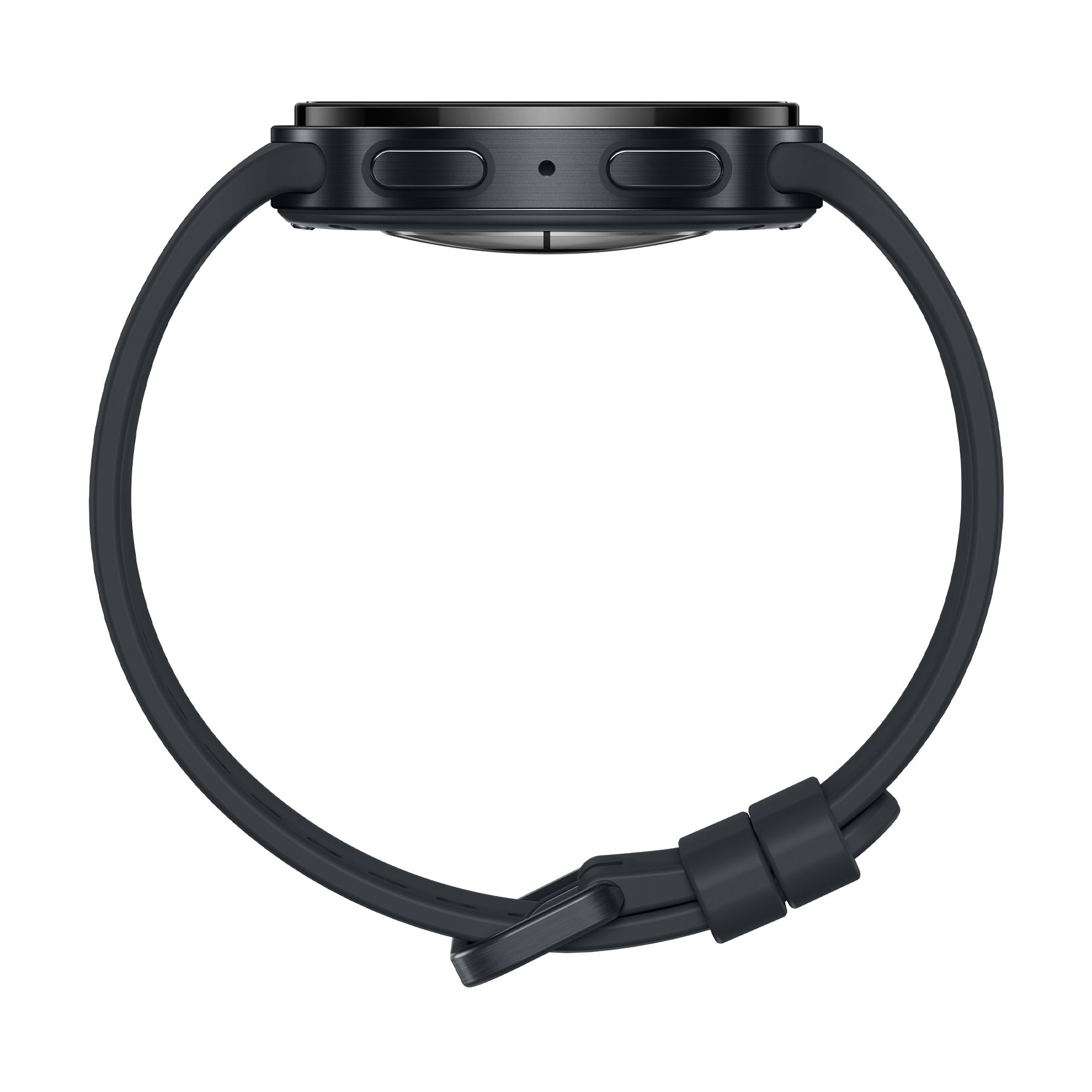 Seitenansicht einer schwarzen Smartwatch mit zwei Knöpfen und einem gebogenen Armband vor weißem Hintergrund.