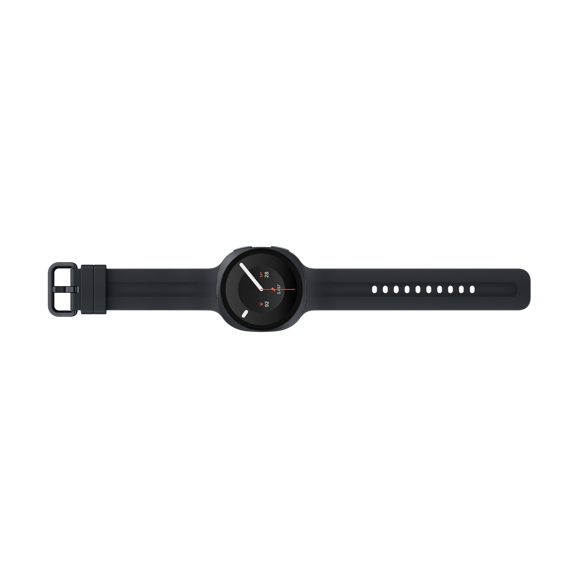 Eine schwarze Smartwatch mit rundem Zifferblatt und Silikonarmband liegt waagerecht auf weißem Hintergrund.