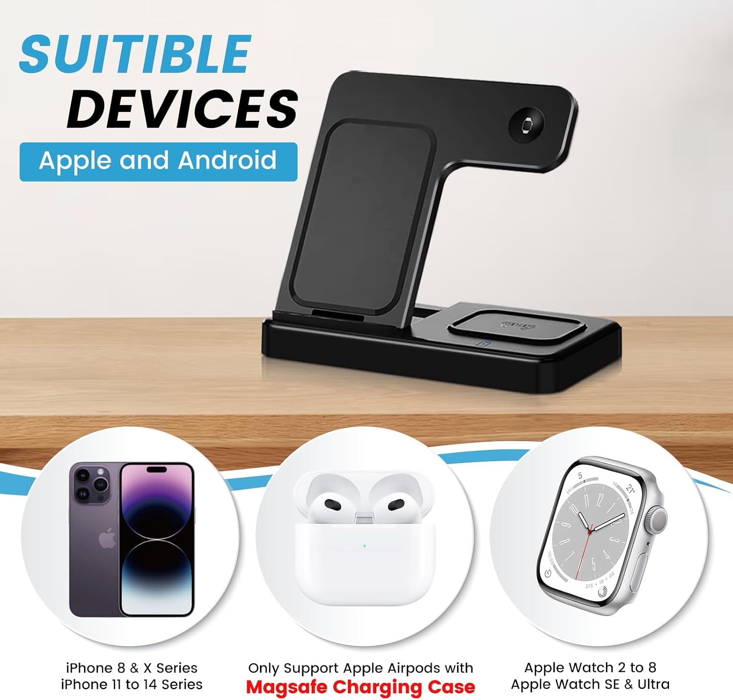 Schwarze 3-in-1-Ladestation für iPhone, AirPods und Apple Watch auf Holztisch.