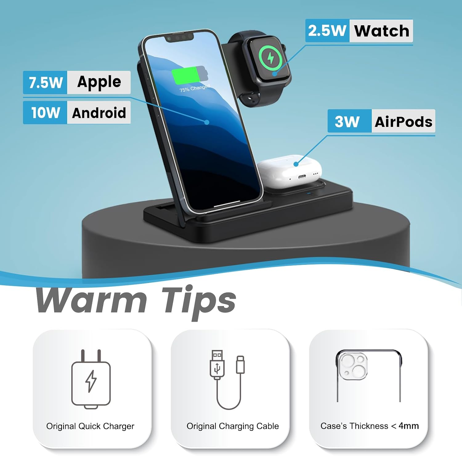 Eine schwarze 3-in-1-Ladestation hält Telefon, Smartwatch und AirPods, mit Tipps unten zu Zubehör.