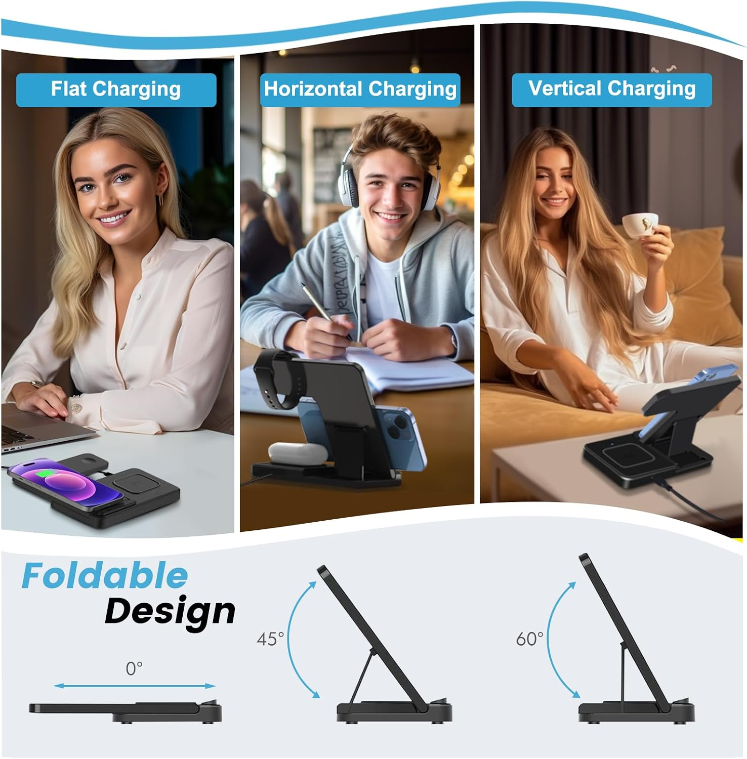 Ein faltbares 3-in-1-Ladegerät mit flachen, horizontalen und vertikalen Lademöglichkeiten für Geräte.