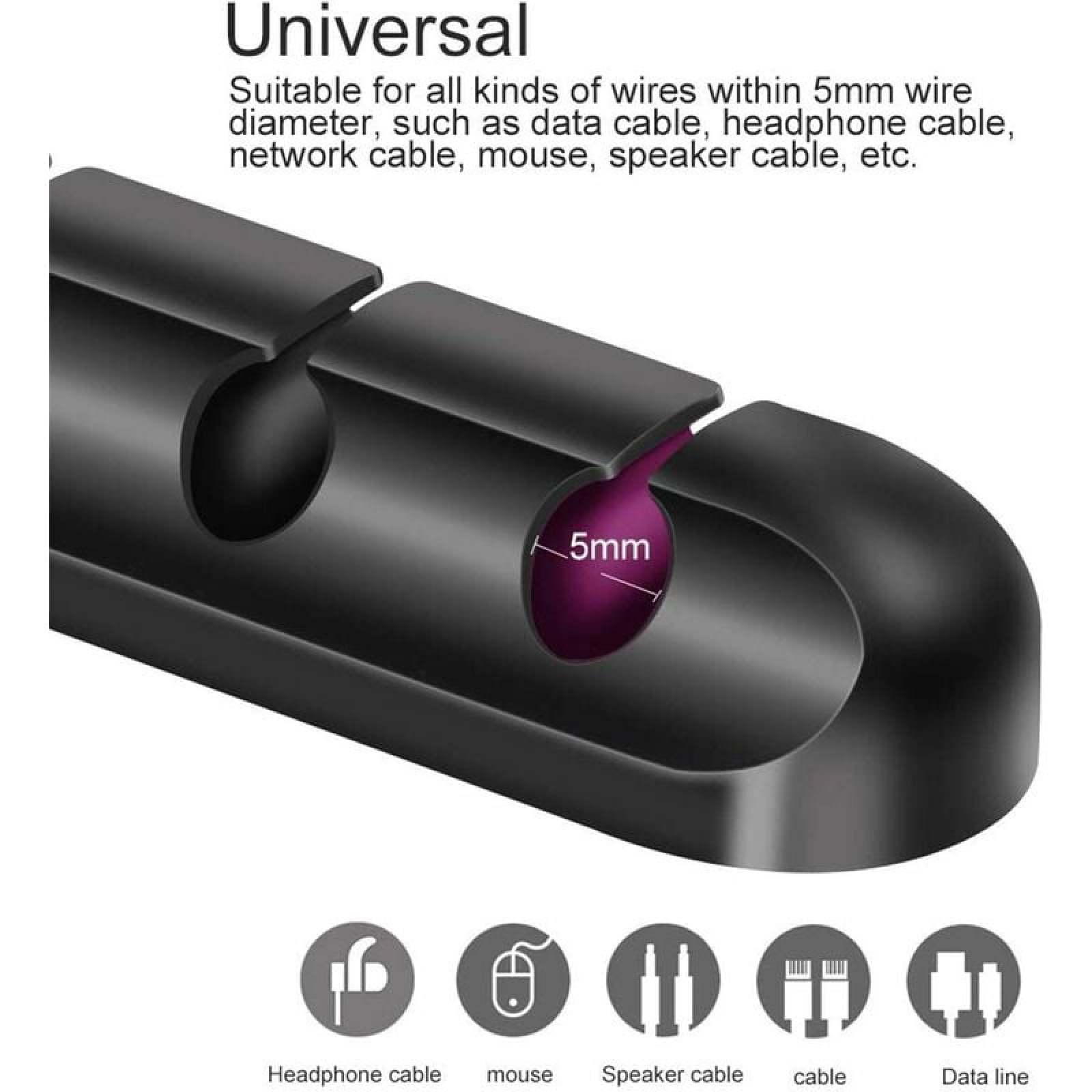 Schwarzer Universal-Kabelhalter mit 5mm Schlitzen für Kopfhörer-, Maus- und Datenkabel.