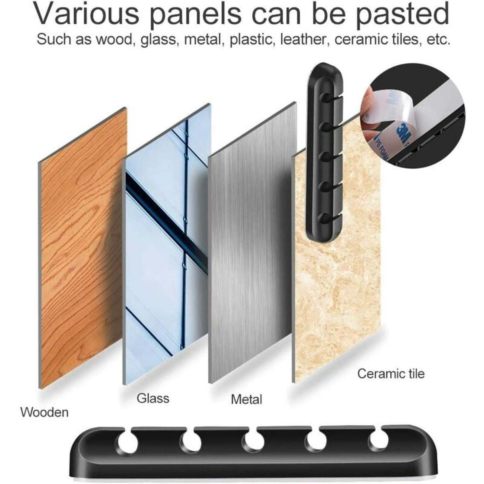 Verschiedene Paneele wie Holz, Glas, Metall und Keramikfliesen werden mit einem Kabelhalter gezeigt.