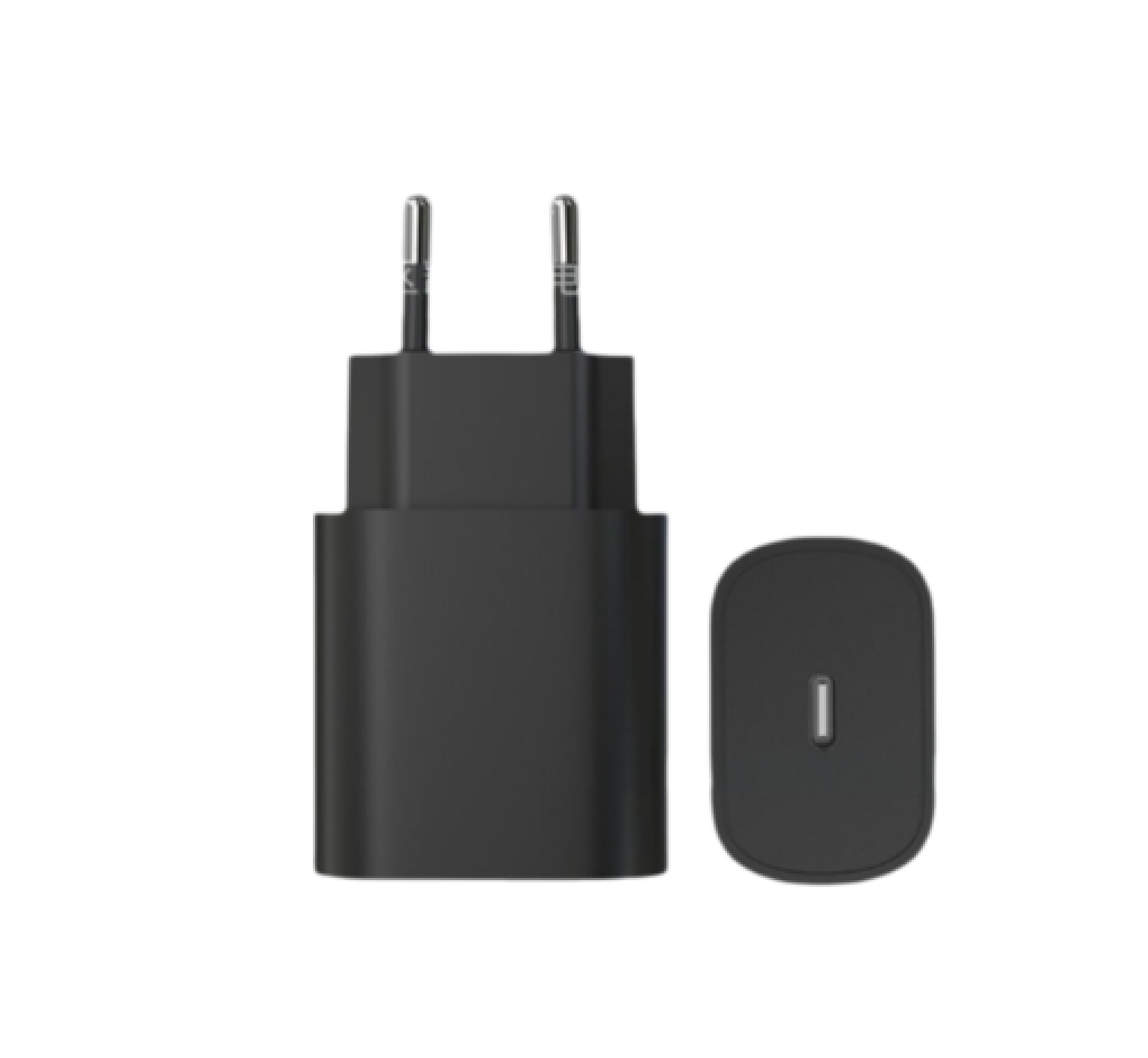 Ein schwarzes USB-C-Ladegerät mit zwei runden Steckerkontakten und einem separaten Blick auf den Anschluss.