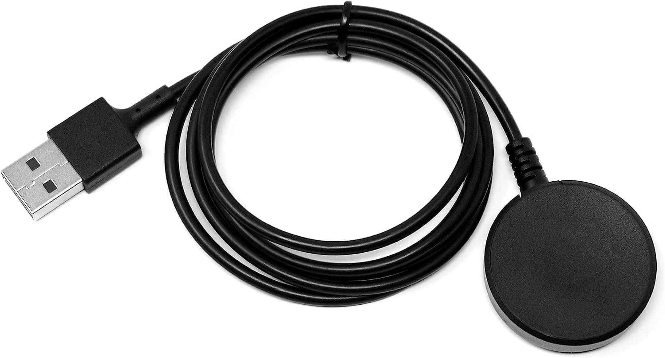 Ein schwarzes Smartwatch-Ladekabel mit USB-Anschluss und runder Magnetplatte, zusammengerollt.