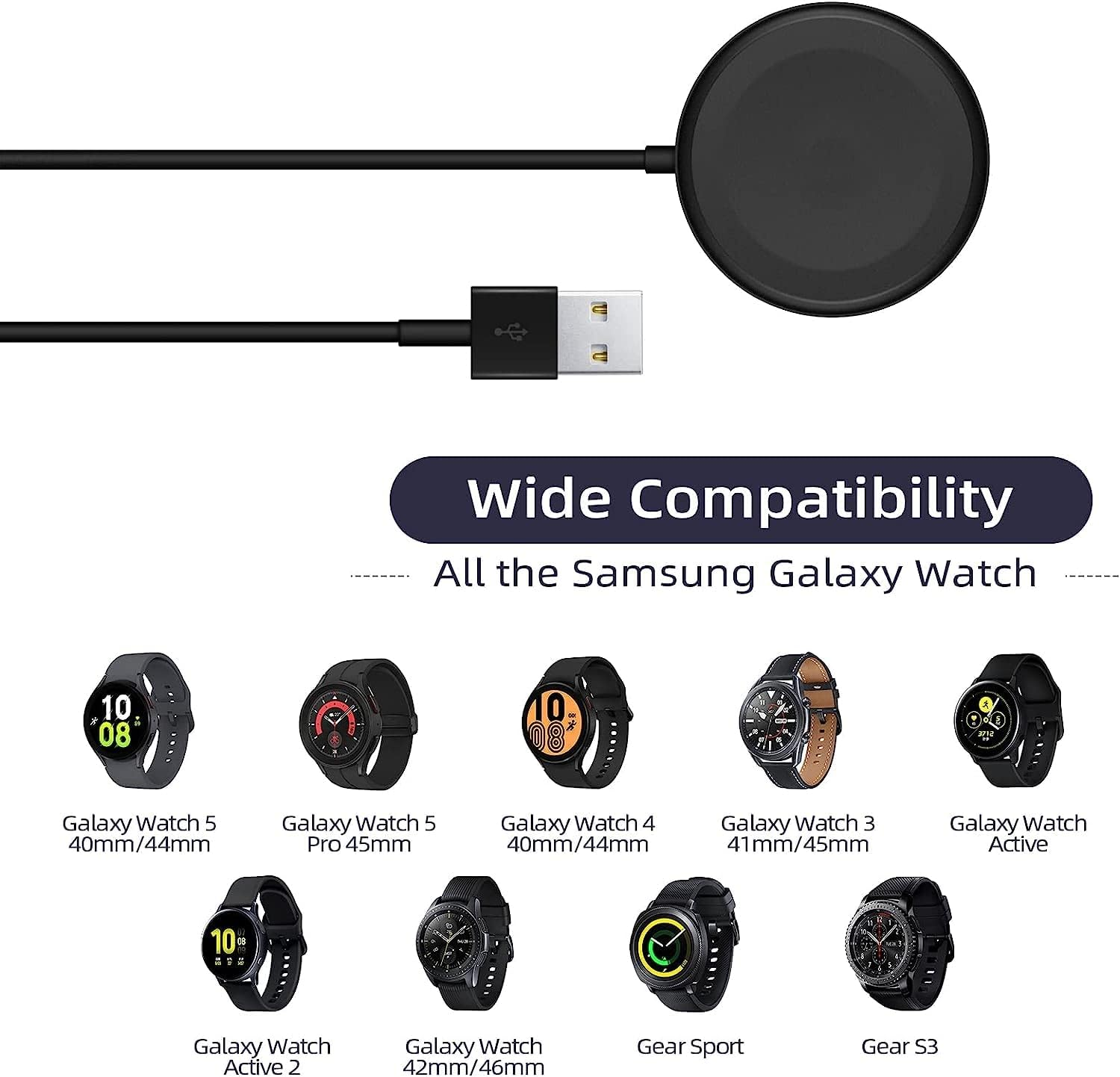 Schwarzes Samsung Galaxy Watch-Ladekabel mit USB-Anschluss und runder Ladefläche, kompatibel mit diversen Modellen.