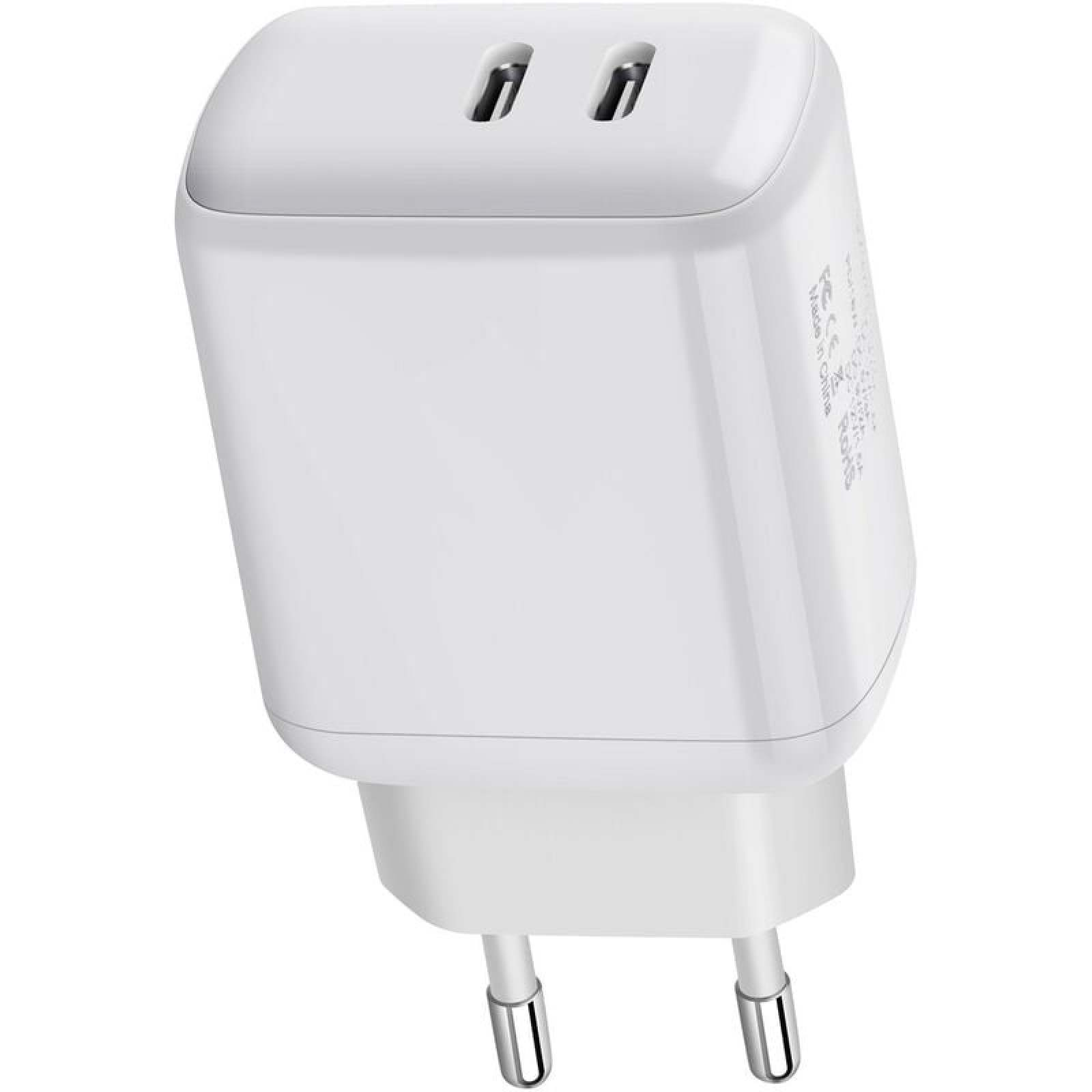 Ein weißes USB-Ladegerät mit zwei Anschlüssen und einem europäischen Stecker.