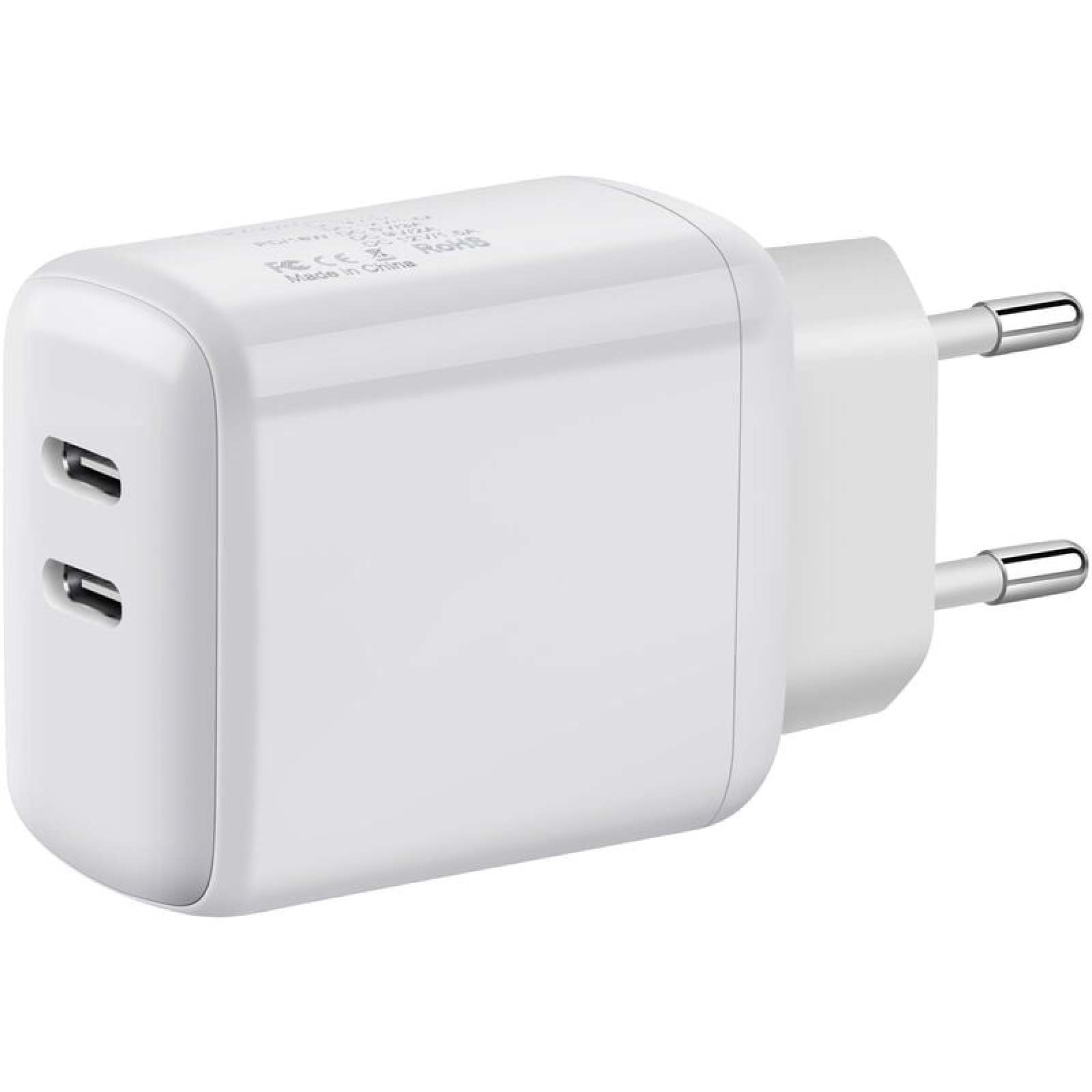 Ein weißes USB-C-Ladegerät mit zwei Anschlüssen und einem europäischen Stecker.