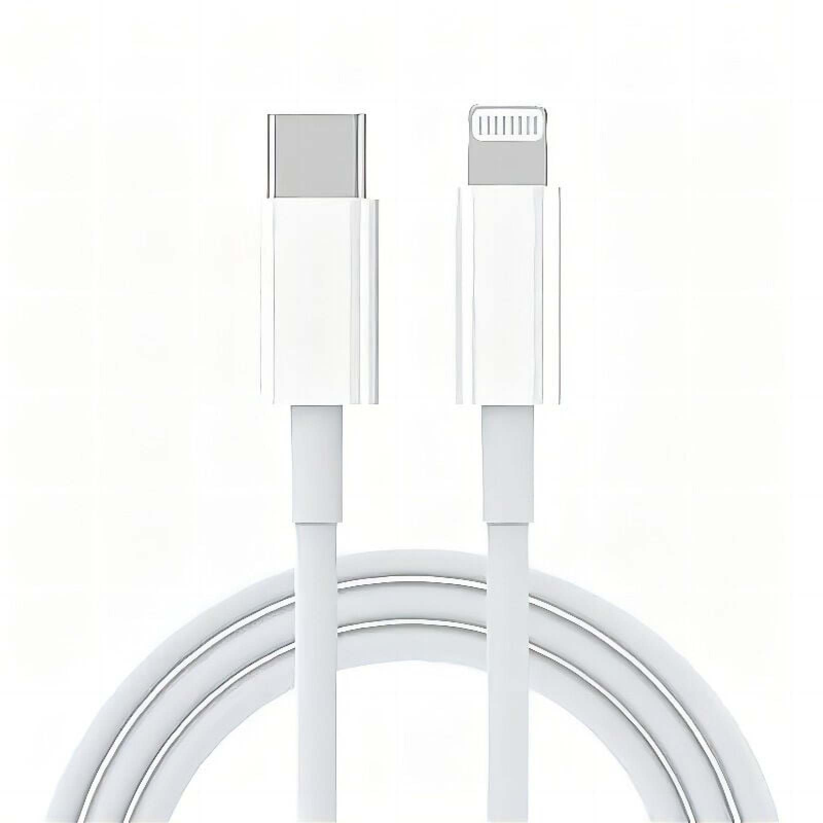 Ein weißes USB-C- zu Lightning-Kabel vor weißem Hintergrund.