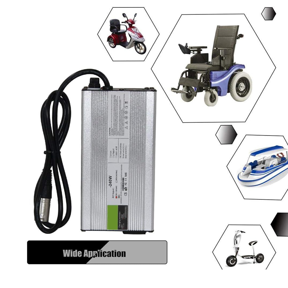 Ein silbernes Ladegerät mit schwarzem Kabel und Beispielen für kompatible Fahrzeuge wie Rollstühle und Roller.
