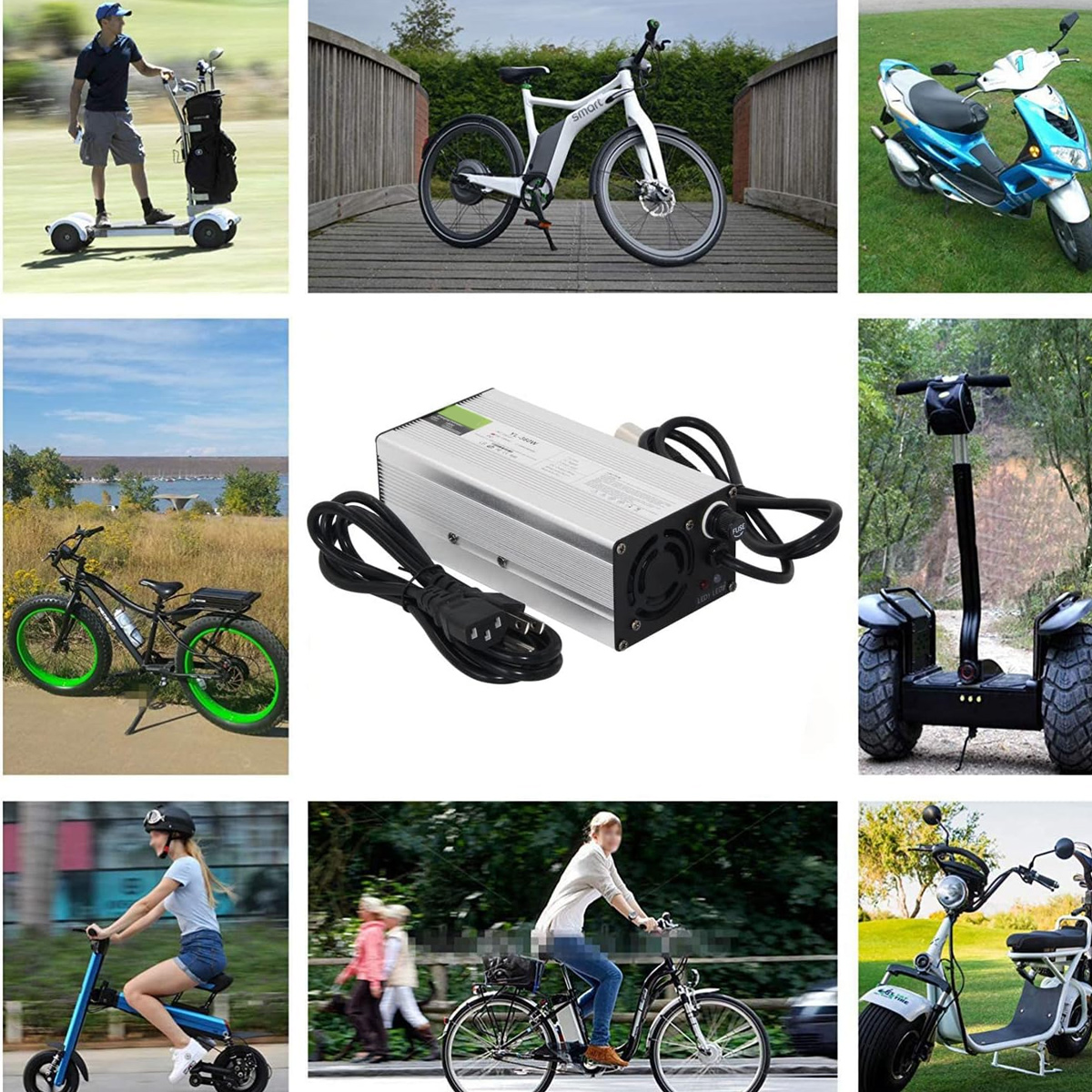 Eine Collage von Elektrofahrzeugen wie Rollern, E-Bikes und Ladegeräten.